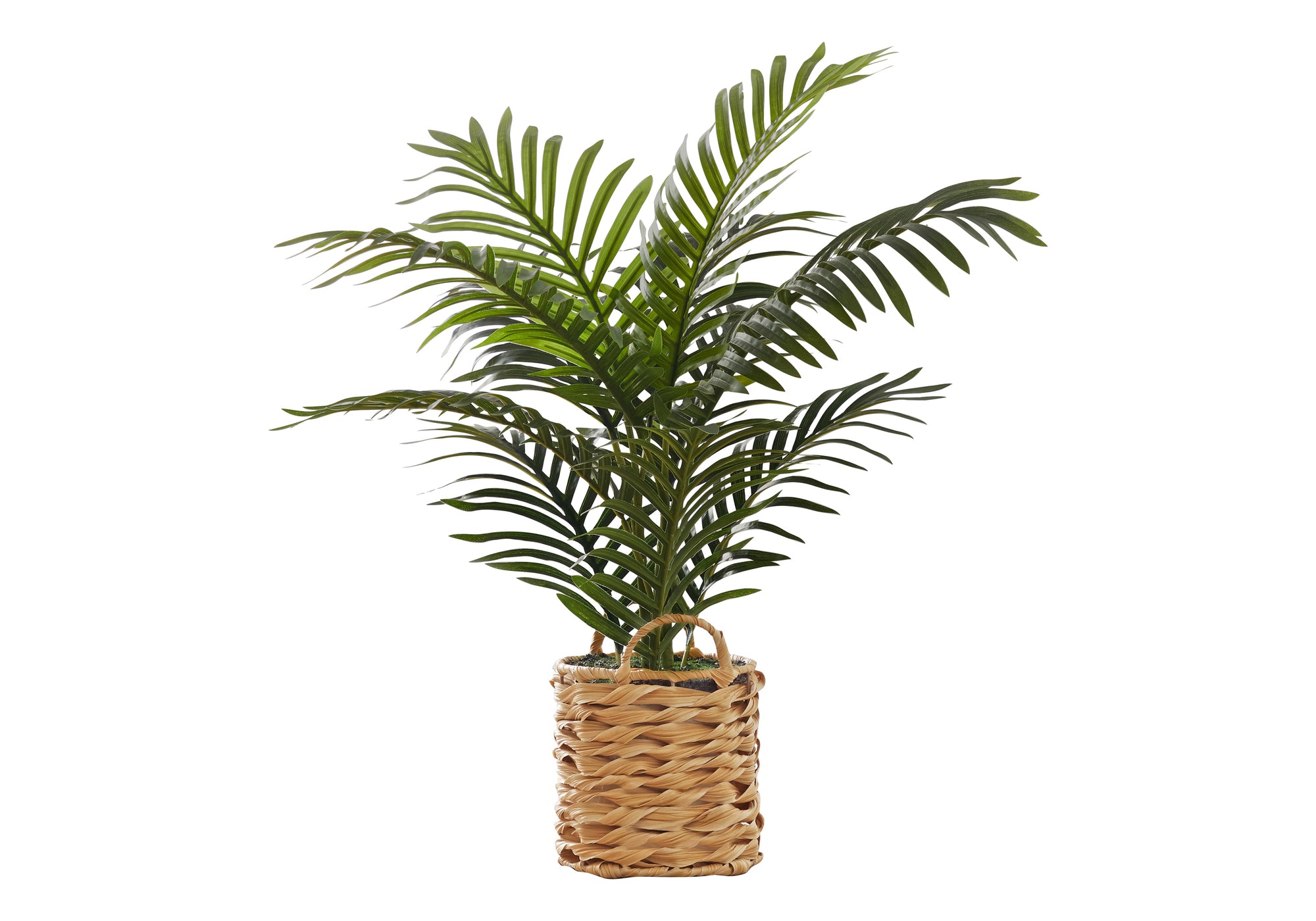 fake plant in woven basket Artificial Plant, 24" Tall, Palm, Indoor, Faux, Fake, Table, Floor, Greenery, Potted, Real Touch, Decorative, Green Leaves, Beige Woven Basket Green