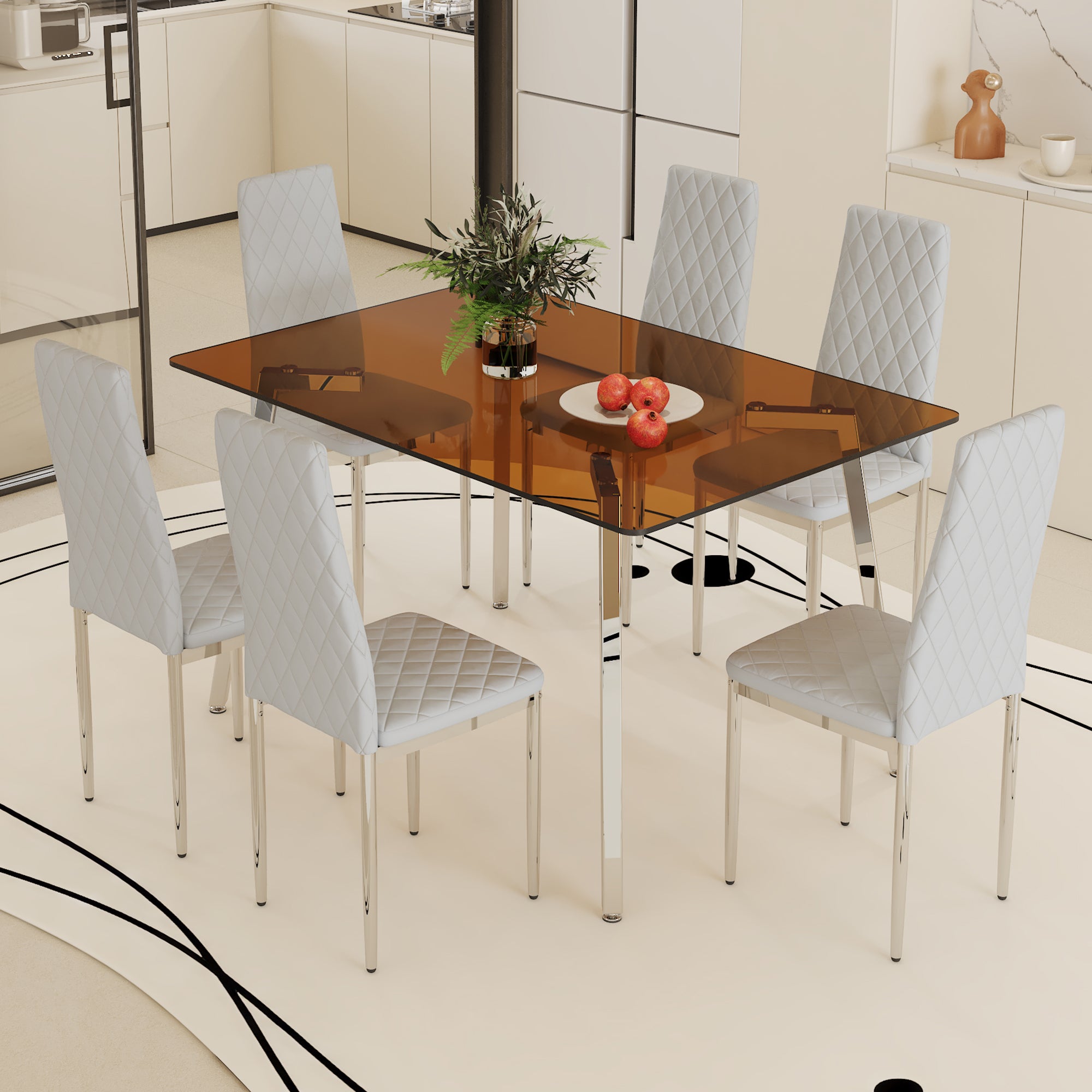 Table And Chair Set.Large Modern Rectangular Table With Brown Glass To