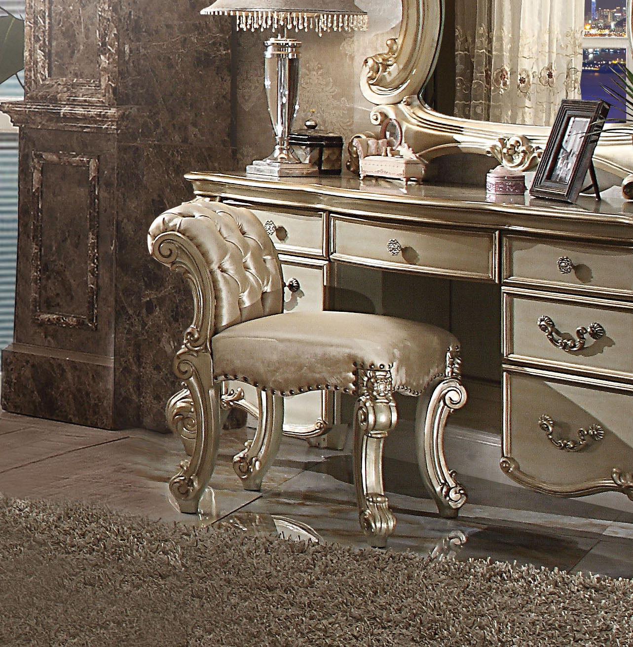 Gold Patina and Bone Vanity Stool with Trim Taupe Gold Vanity Stools Bedroom Rectangular Brown Traditional Tufted Cushions Wood Fabric