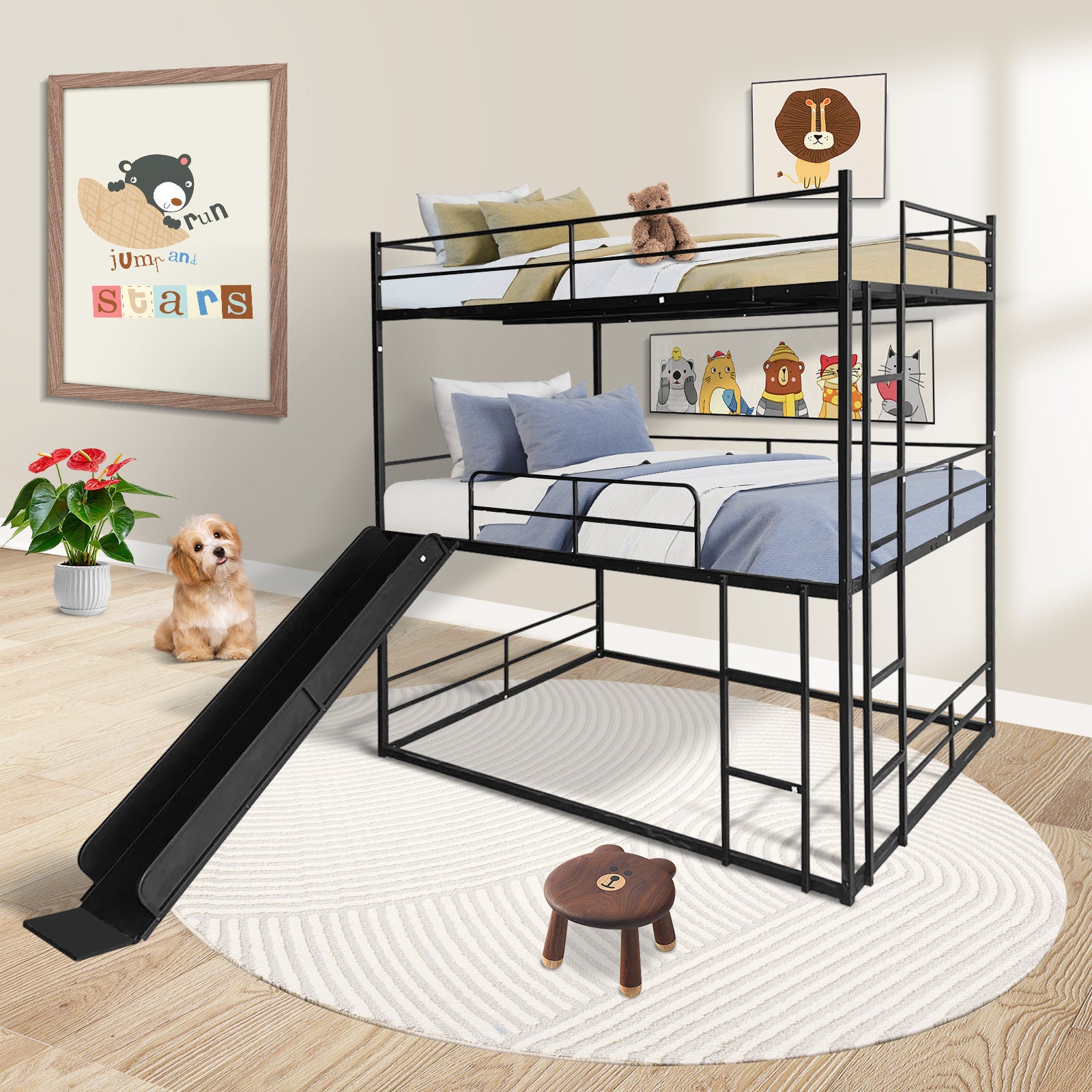 Black Twin Size Metal House Loft Bed with Slide and Ladder, image size:1600x1600