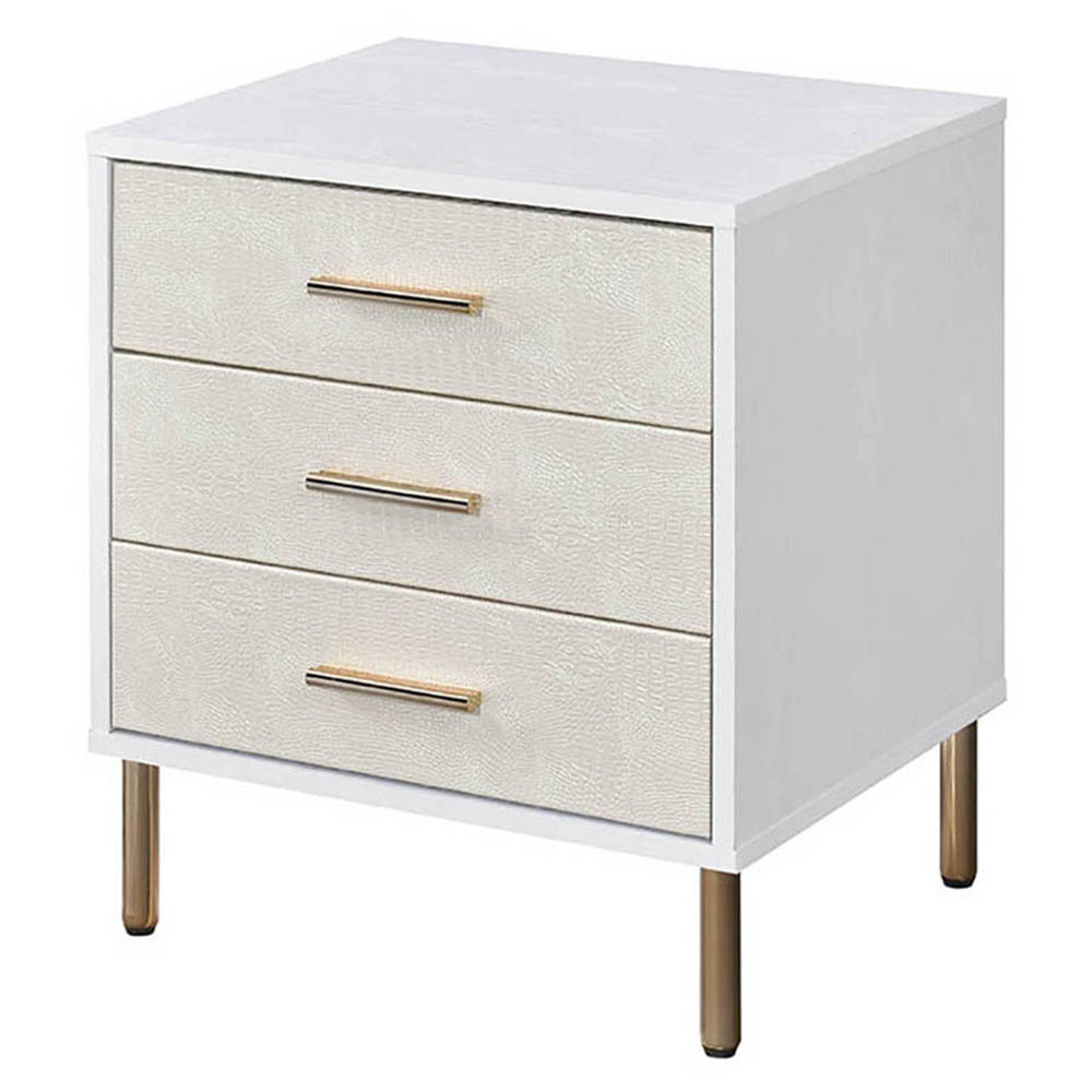 White, Champagne And Gold 3 Drawer Nightstand With Metal Leg White 3 D