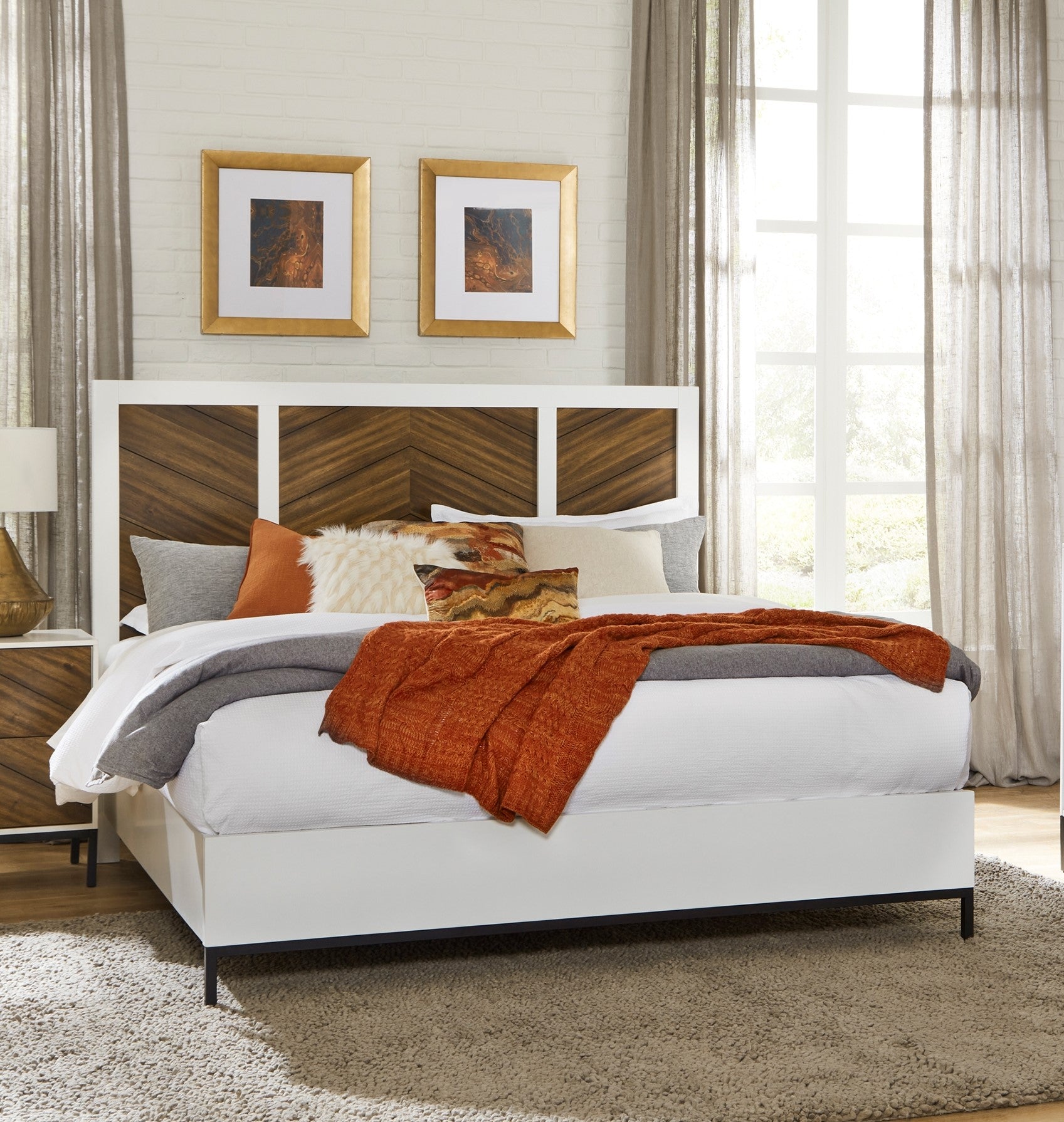 Beautiful White And Walnut Finish 1Pc Eastern King Bed Chervon Wood  Headboard With 2 Usb Ports Modern Bedroom Furniture Box Spring Required  King White ..., image size:1697x1790