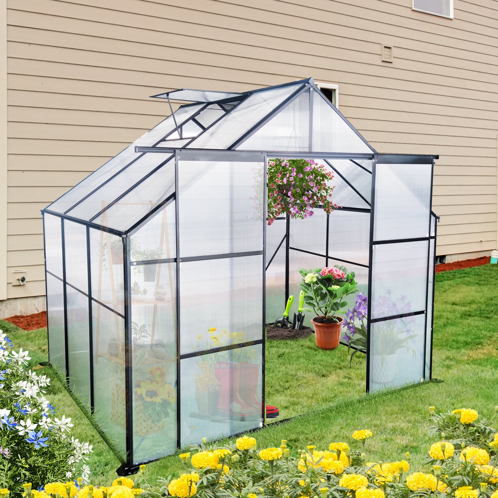 8X6Ft Black Double Door Polycarbonate Greenhouse Raised Base And Ancho
