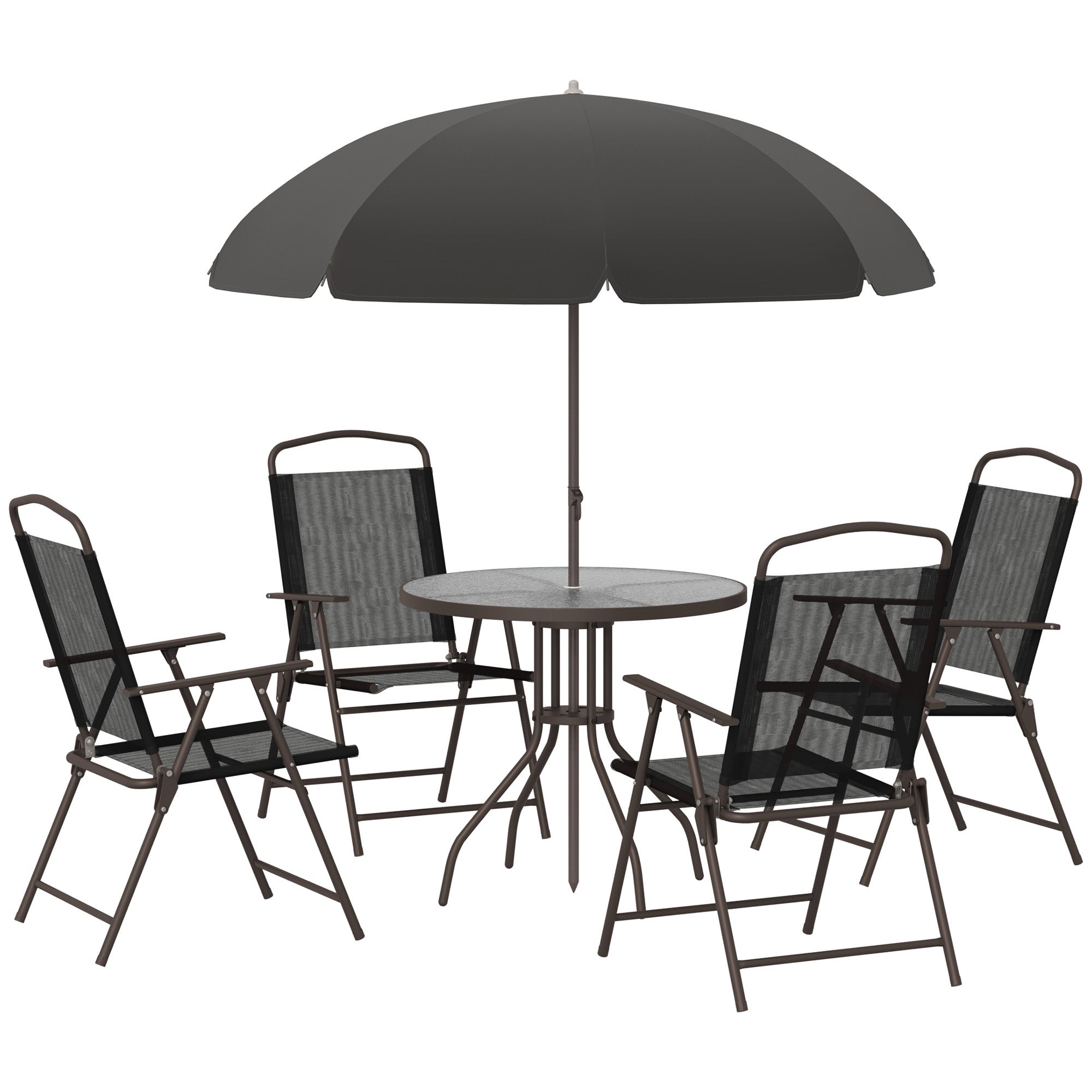 4 piece metal and glass umbrella patio set Outsunny 6 Piece Patio Dining Set For 4 With Umbrella, Outdoor Table And Chairs With 4 Folding Dining Chairs & Round Glass Table For Garden, Backyard