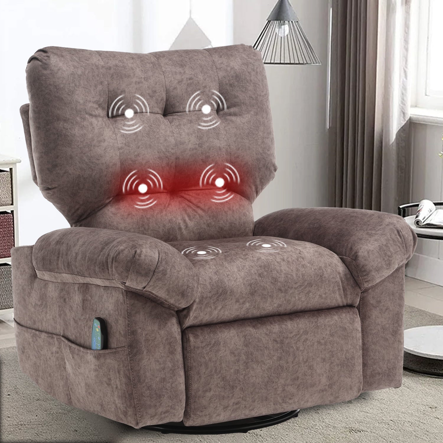 Overstuffed Rocker Recliner Chair With Massage And Heat, 360 Swivel Fa