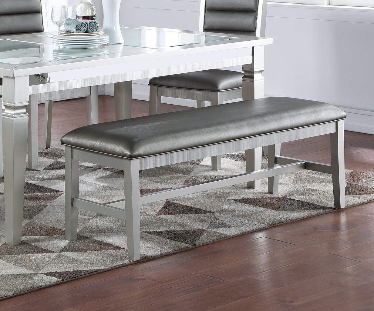 Elegant Silver Finish 1Pc Dining Bench Only Rubberwood Cushion Faux Leather  Seat Dining Room Bench Gray,Silver Dining Room