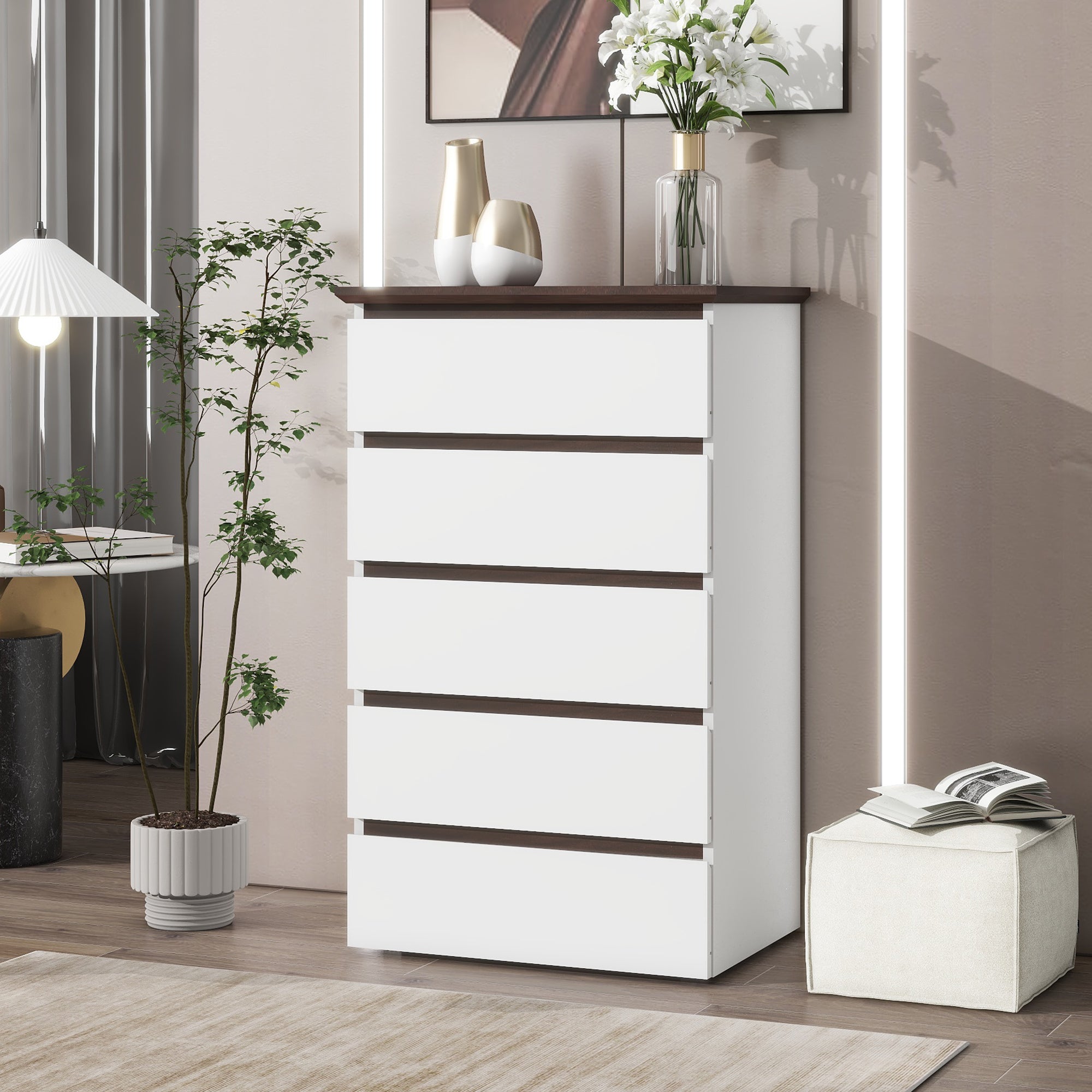 Tall White Dresser For Bedroom, Mid Century Modern Dresser With Drawers, 5 Drawer Dresser With Wood Color Top, Small Dresser For Kids Bedroom, Living Tall White Dresser For Bedroom, Mid Century Modern Dresser With Drawers, 5 Drawer Dresser With Wood Color Top, Small Dresser For Kids Bedroom, Living