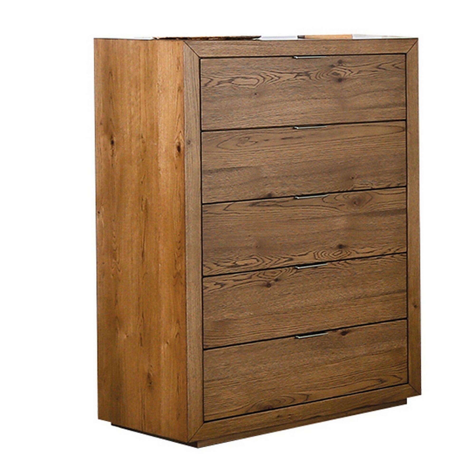 Lier 48 Inch Tall Dresser Chest, Brown Wood, 5 Drawers, Integrated Han