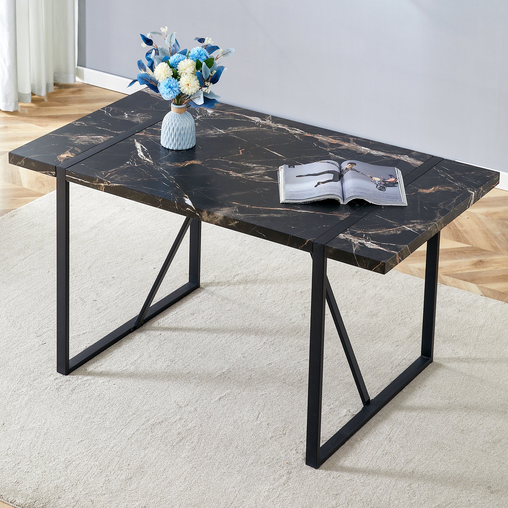 Industrial Rectangular Mdf Black Dining Table For 4 6 People With 1.5