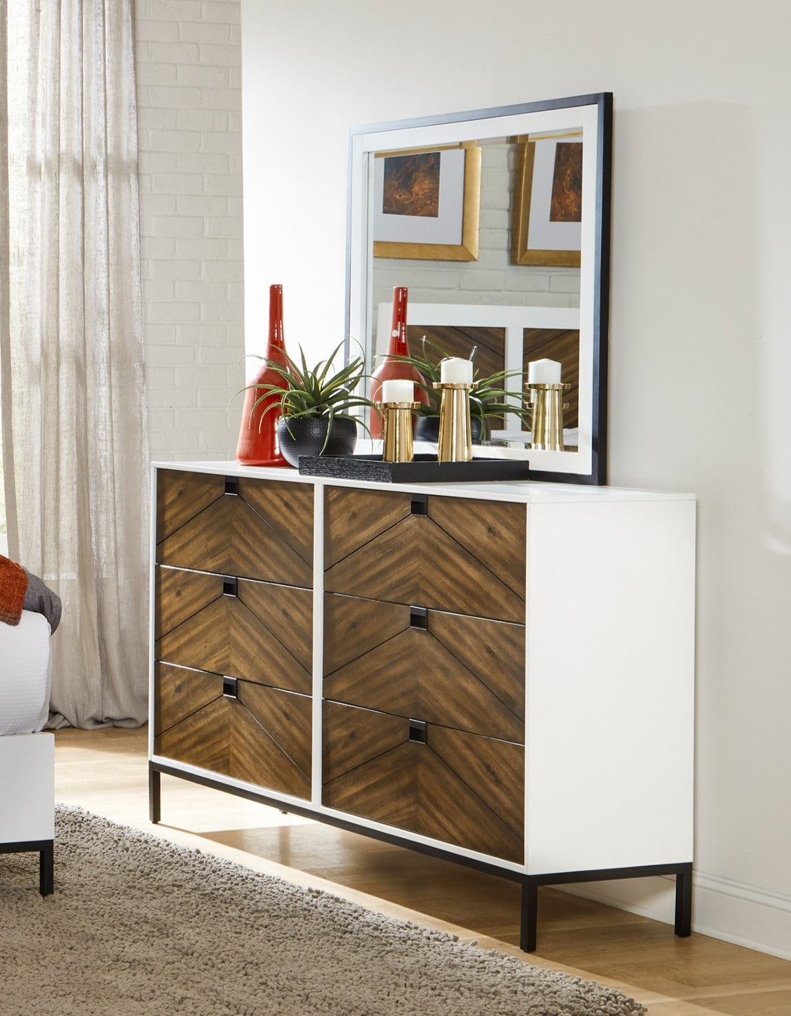 Beautiful White And Walnut Finish 1Pc Dresser Of 6 Drawers Storage Bla