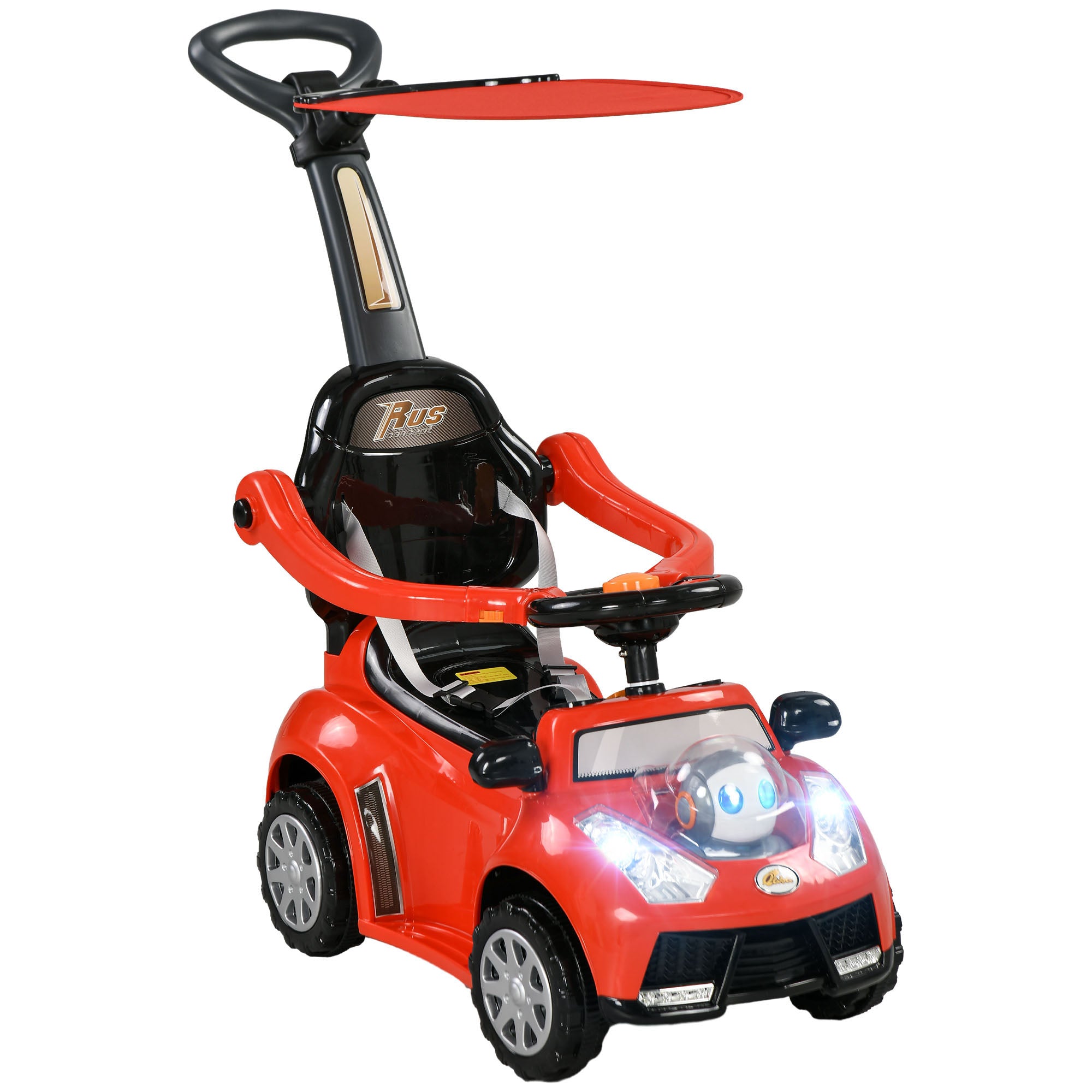 push car stroller for babies Qaba Push Car For Kids 1 3 Years, 3 In 1 Ride On Sliding Car, Foot To Floor Baby Push Car With Removable Handle, Music, Horn, Canopy, Safety Guardrail