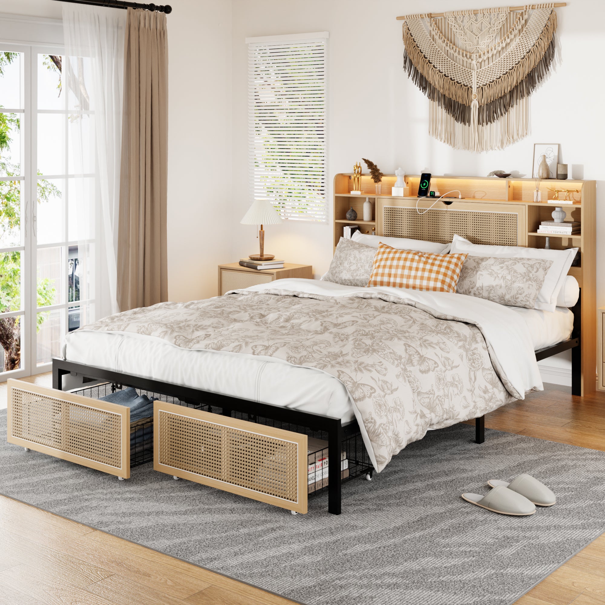 Bed Frame Queen Size With Storage Headboard And 2 Drawers, Upholstered