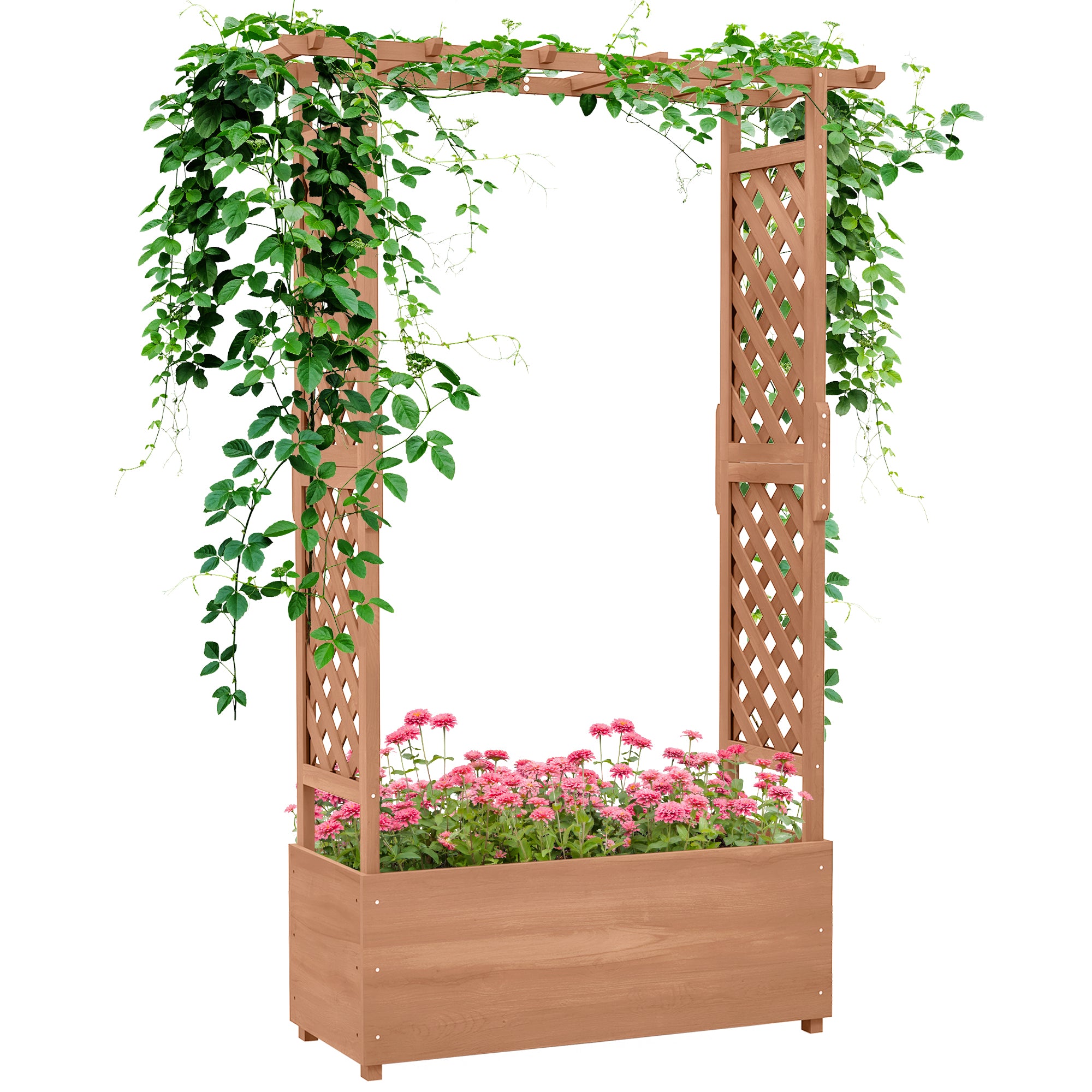 self watering elevated planter box with arch trellis Outsunny Raised Garden Bed With Arch Trellis For Vine Climbing Plants, Hanging Flowers, 70.75" Tall Outdoor Wood Planter Box With Drainage Hole &