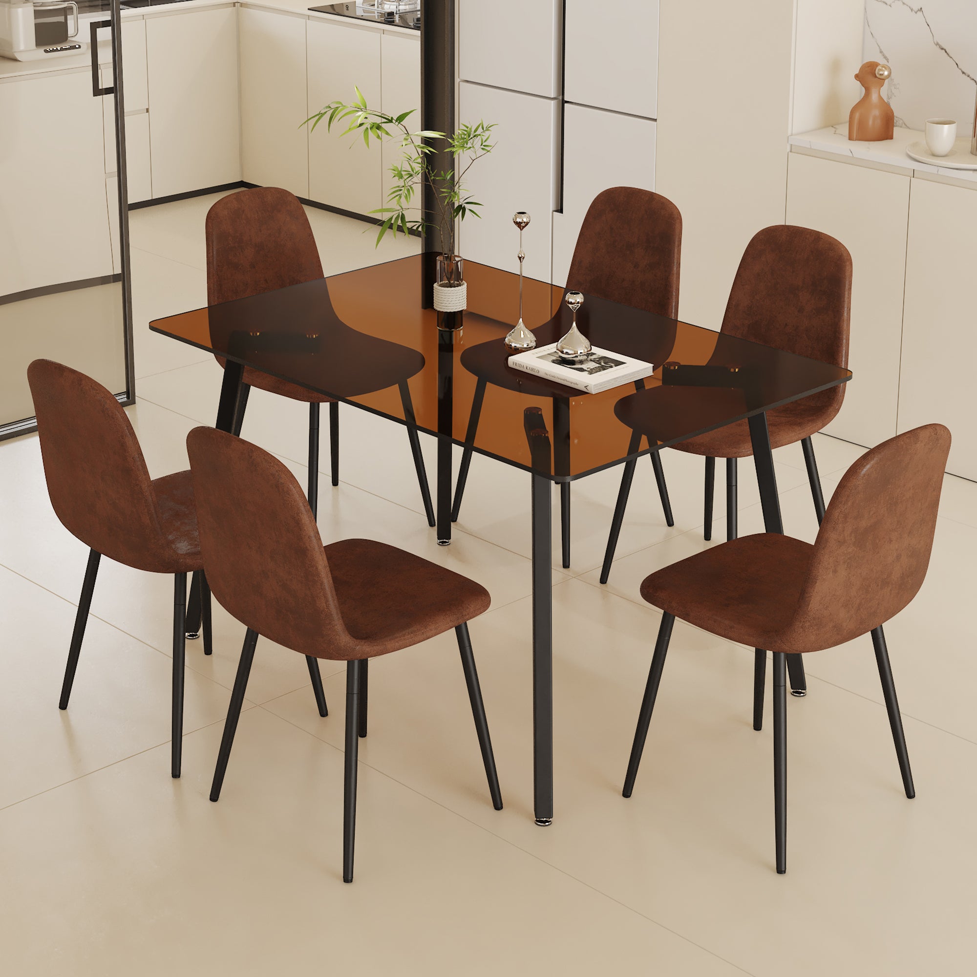 Table And Chair Set.Large Modern Rectangular Table With Brown Glass To