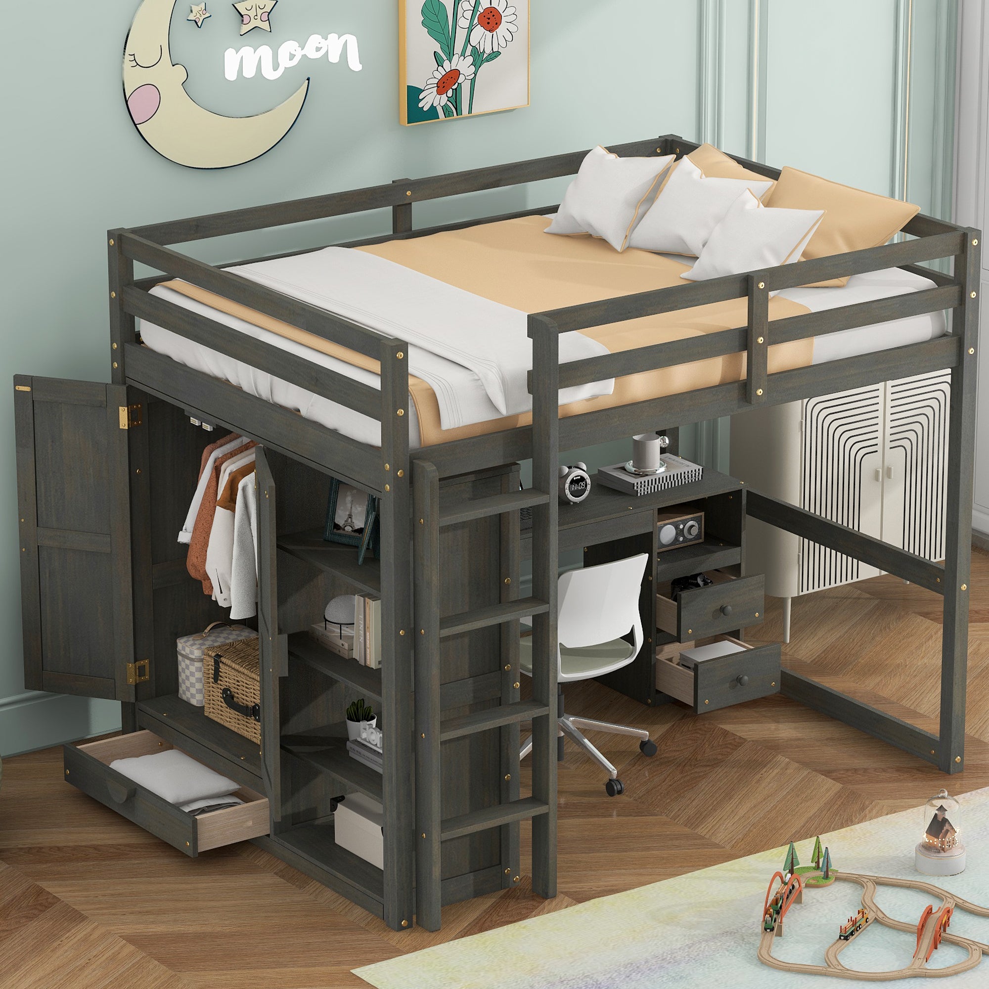Wood Full Size Loft Bed With Built In Wardrobe, Desk, Storage Shelves
