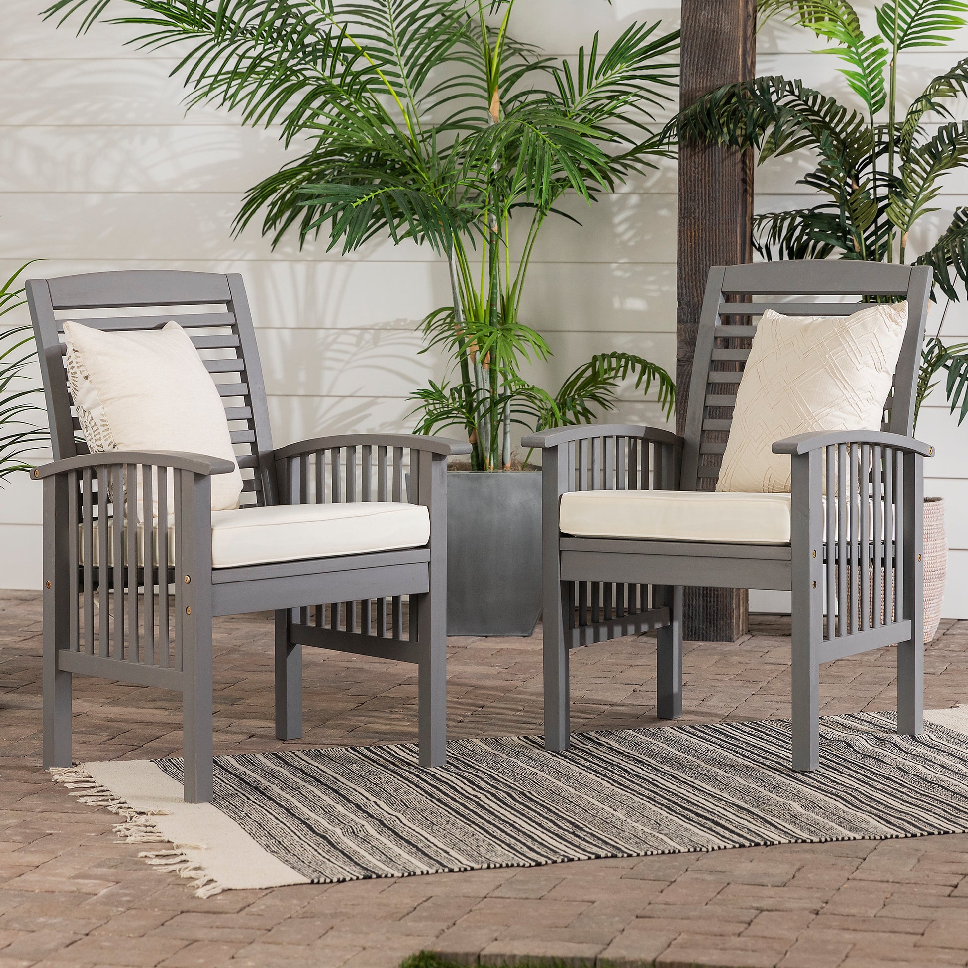 Modern 2 Piece Slat Back Patio Chairs With Cushions Grey Wash Gray Wash Acacia Wood