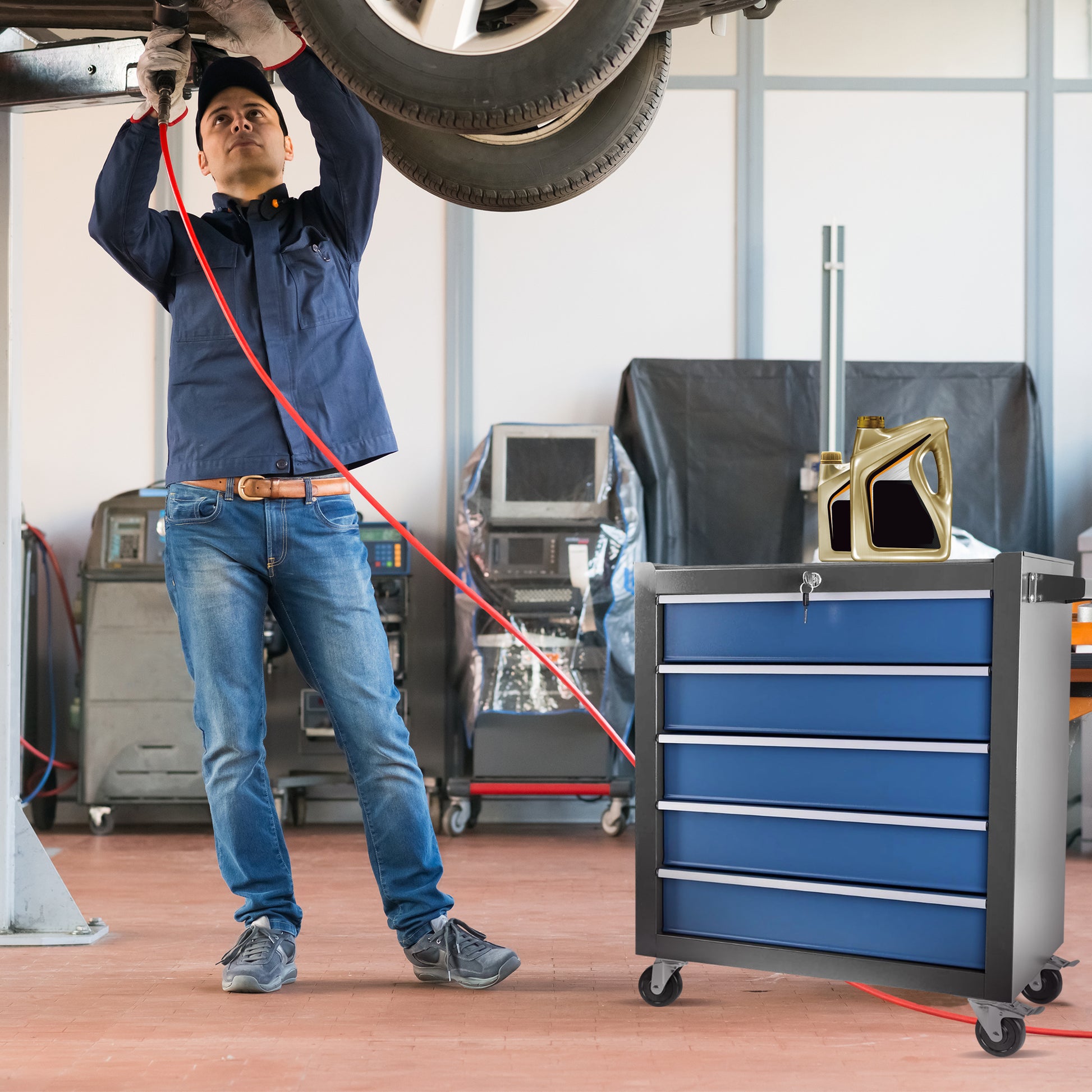 High Capacity Rolling Tool Chest With Wheels And Drawers, 5 Drawer Tool Storage Cabinet Blue Grey Iron