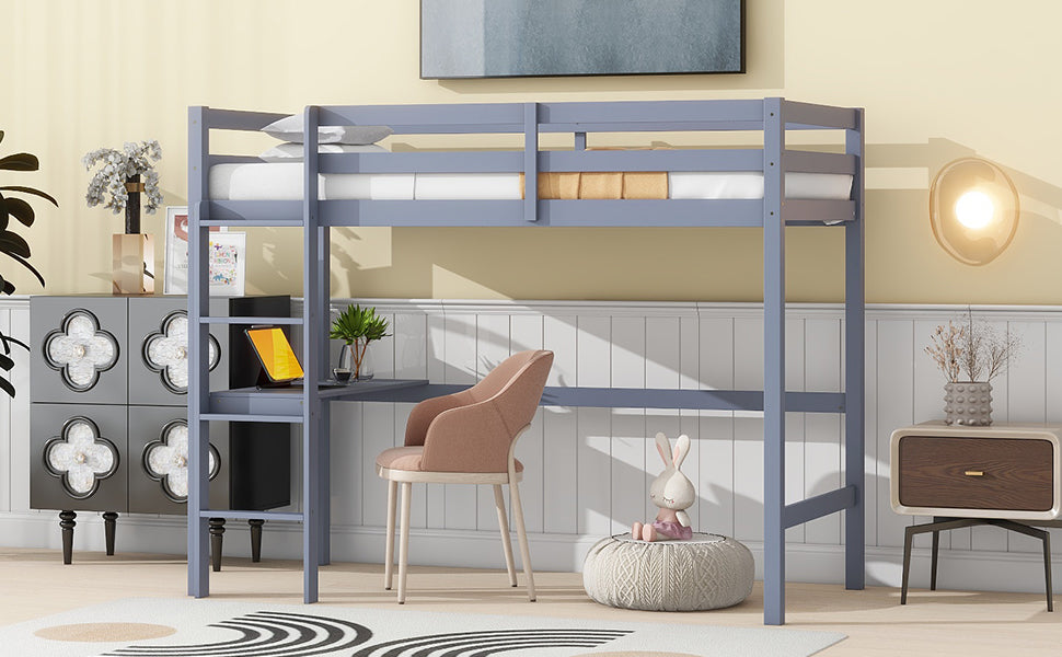 Twin High Loft Bed, Rubber Wood Loft Bed With Safety Guardrail, Built In Desk, Ladder,Grey Twin Grey Rubber Wood