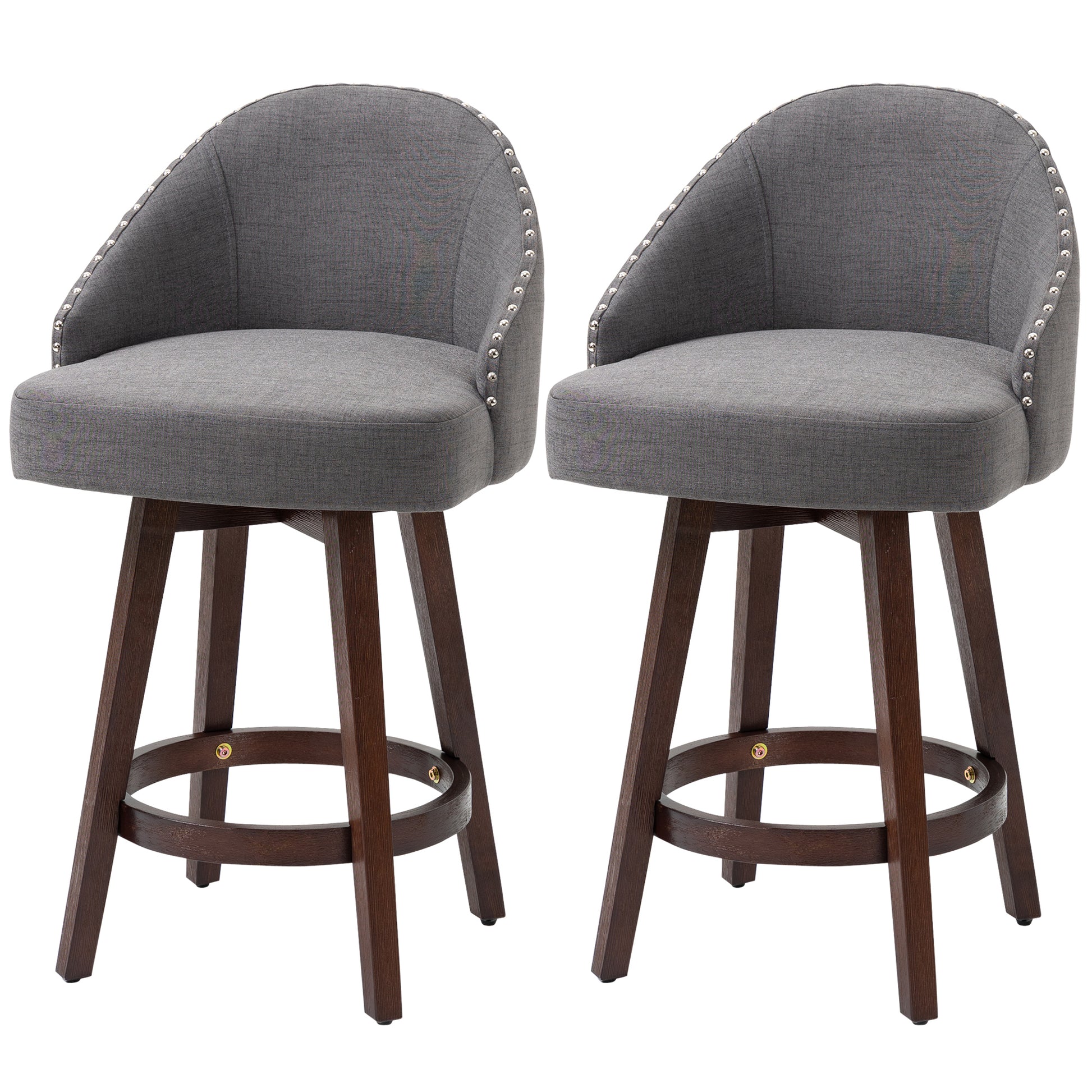 Homcom 26" Counter Height Bar Stools, Linen Fabric Kitchen Stools With Trim, Rubber Wood Legs And Footrest For Dining Room, Counter, Pub, Set Of 2, Dark Gray Dark Grey Wood