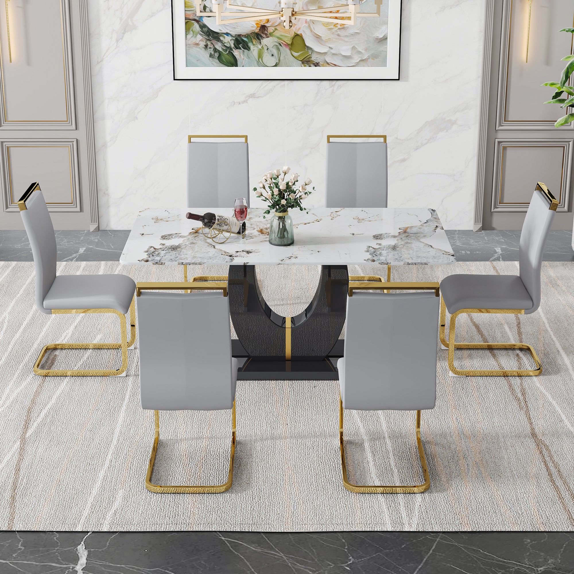 Table And Chair Set, Modern Dining Table, Patterned Table Top And Blac