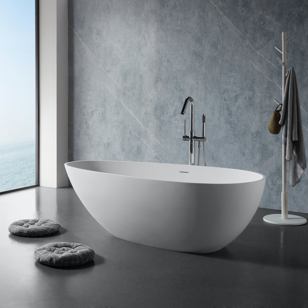 Luxury Handcrafted Stone Resin Freestanding Soaking Bathtub With Overflow In Matte White, Cupc Certified 24S02 59Mw Matte White Bathroom Freestanding Tubs Soaking Center Solid Surface