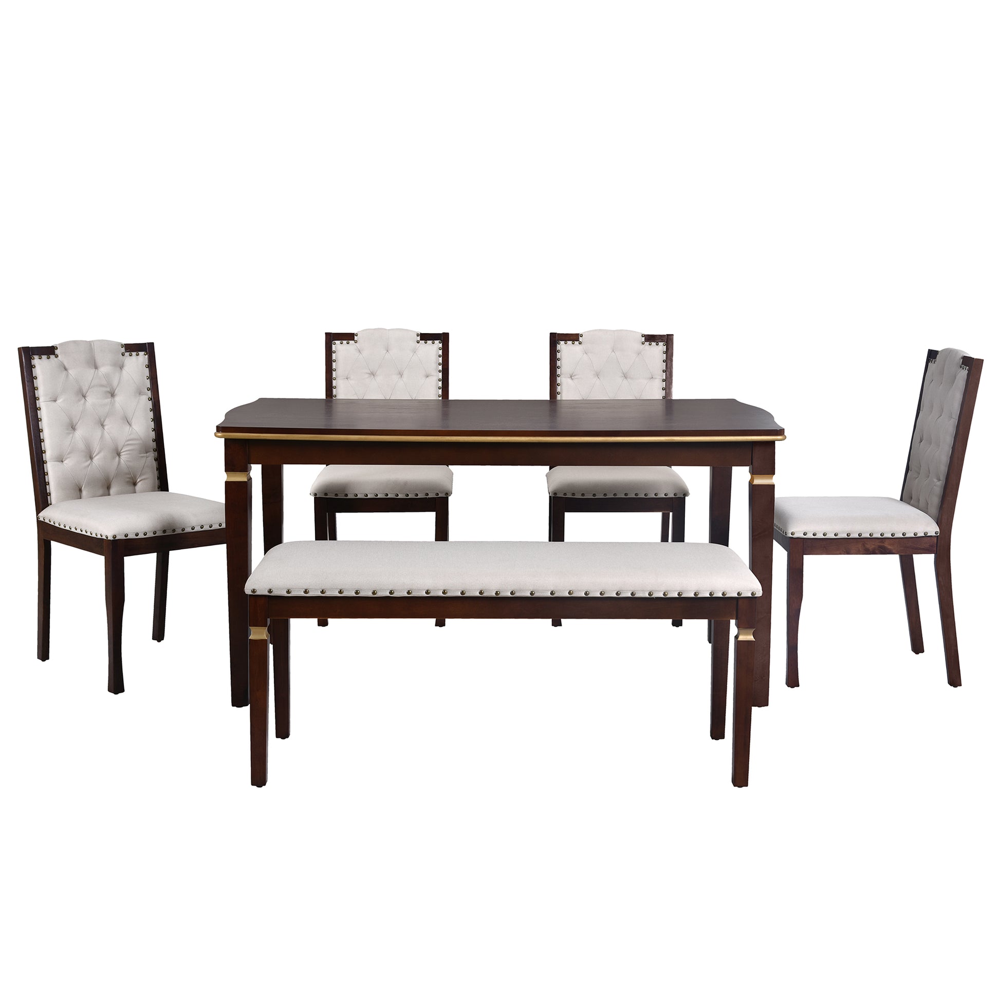 6 Piece Kitchen Dining Table Set, 60" Rectangular Table And 4 High Back Tufted Chairs & 1 Bench For Dining Room And Kitchen Espresso Upholstered Chair Espresso Seats 6 Solid Wood Classic,Modern 4