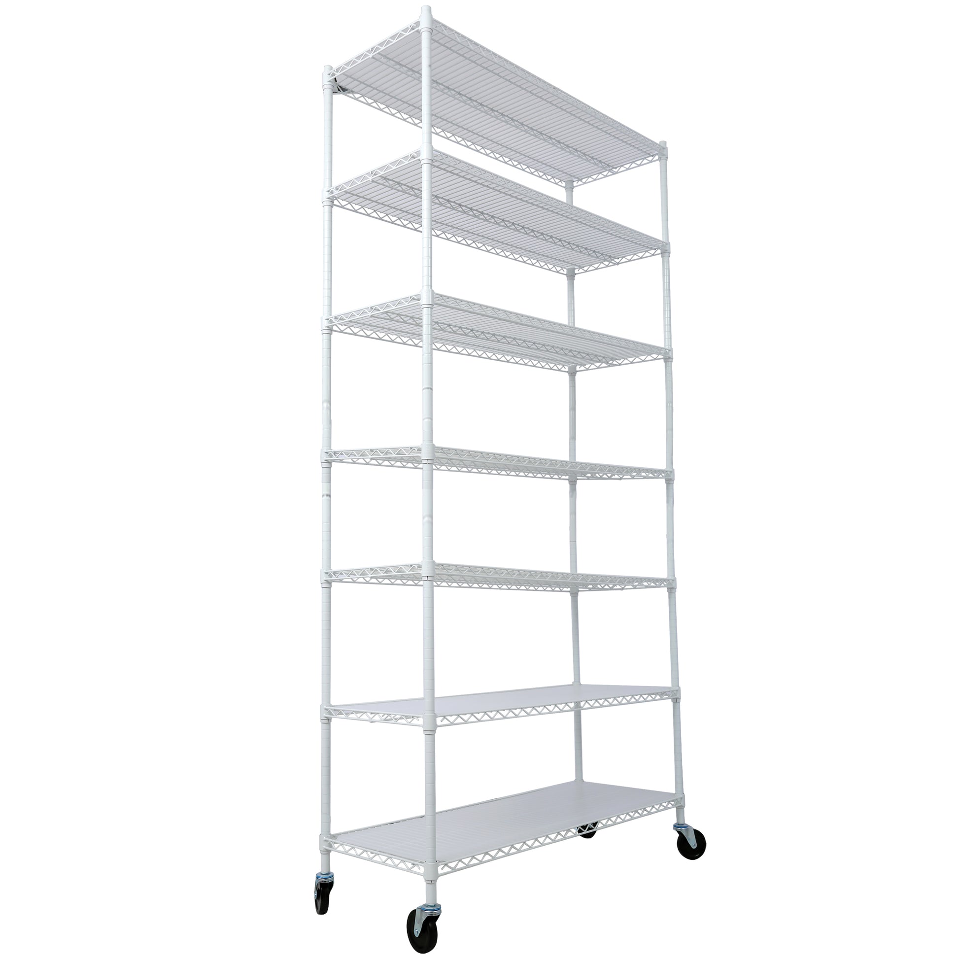 7 Tier Metal Shelf Wire Shelving Unit, 2450Lbs Heavy Duty Adjustable Storage Rack With Wheels & Shelf Liners For Closet Kitchen Garage Basement Commercial Shelving 81.5" H X 48" L X 18" D White White Metal