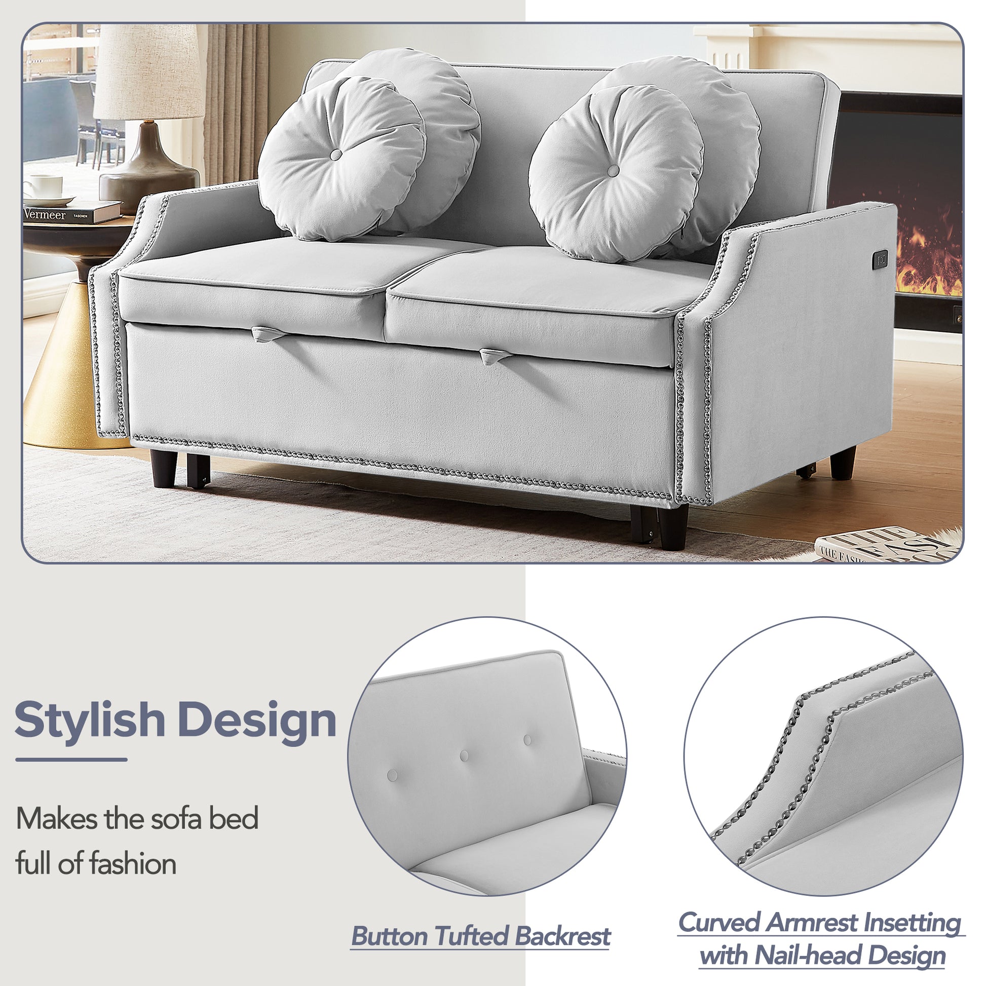 54.7" Multiple Adjustable Positions Sofa Bed Stylish Sofa Bed With A Button Tufted Backrest, Two Usb Ports And Four Floral Lumbar Pillows For Living Room, Bedroom,Or Small Space, Light Grey Light Grey Foam Polyester 2 Seat