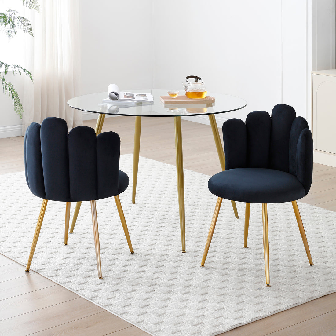 Modern Velvet Dining Chairs Set Of 2, Upholstered Woven Dining Chair With Golden Metal Legs, Upholstered Dining Chairs For Dining Room, Kitchen, Vanity, Living Room Black Primary Living Space Foam Velvet