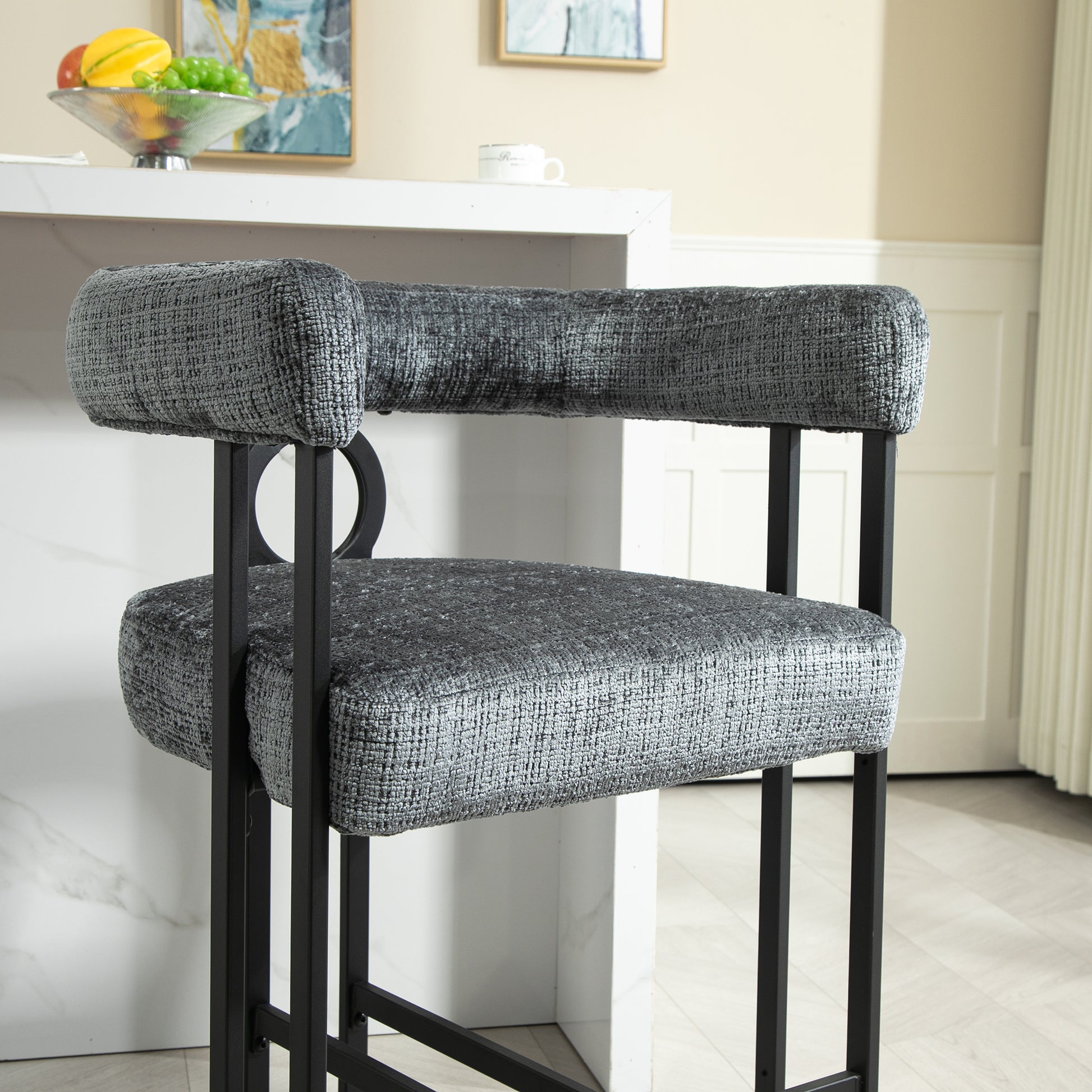 Coolmore Bar Stools Set Of 1, Modern Bar Stool With Back, Black Metal Frames, Upholstered Bar Stools For Kitchen Island, Pub, Club Gray Chenille Gray Primary Living Space Foam Chenille