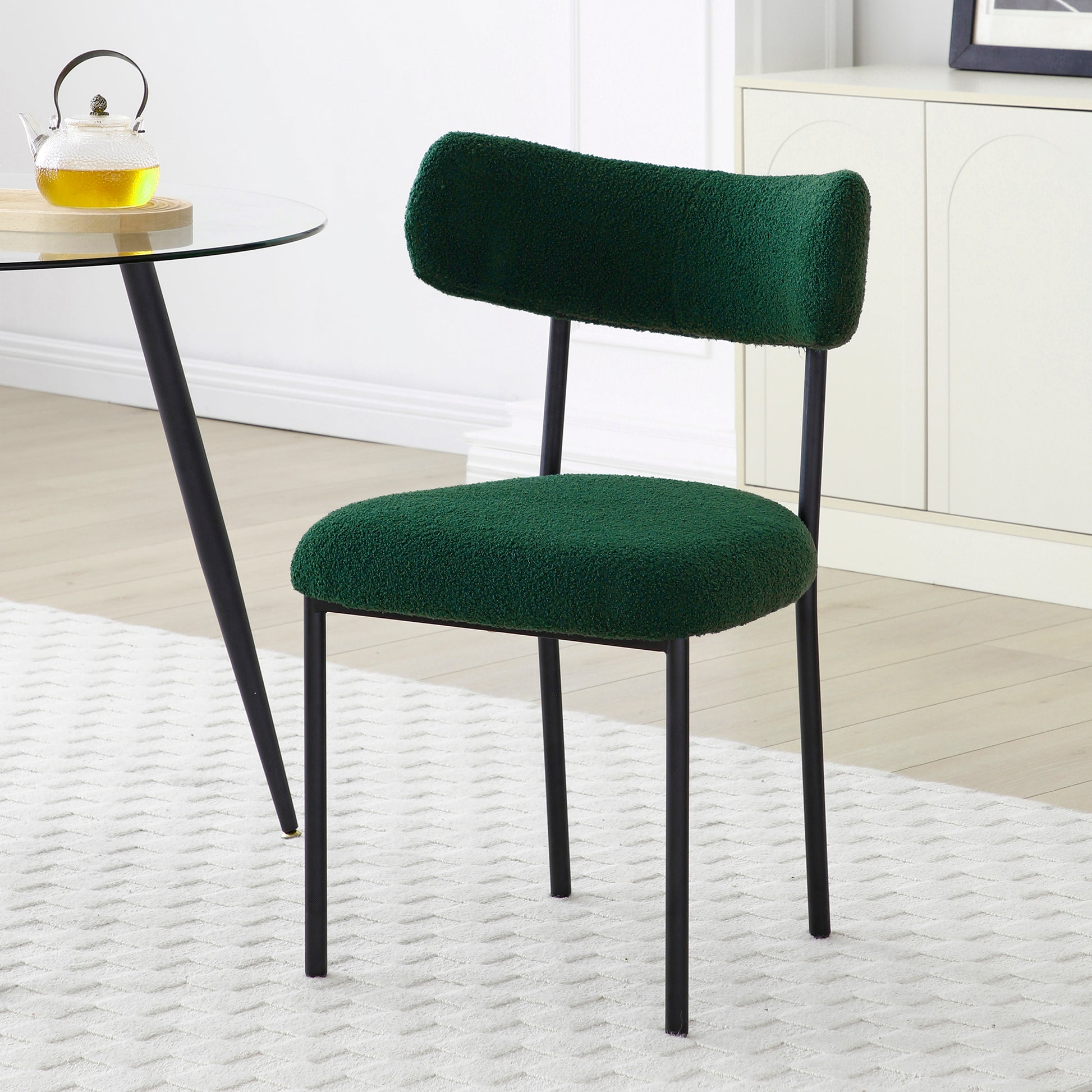 Dining Chairs Set Of 2,Round Upholstered Sherpa Fabric Dining Room Chairs With Curved Backrest,Mid Century Modern Accent Chairs With Black Metal Adjustable Legs For Dining Room,Living Room,Kitchen Green Foam Teddy