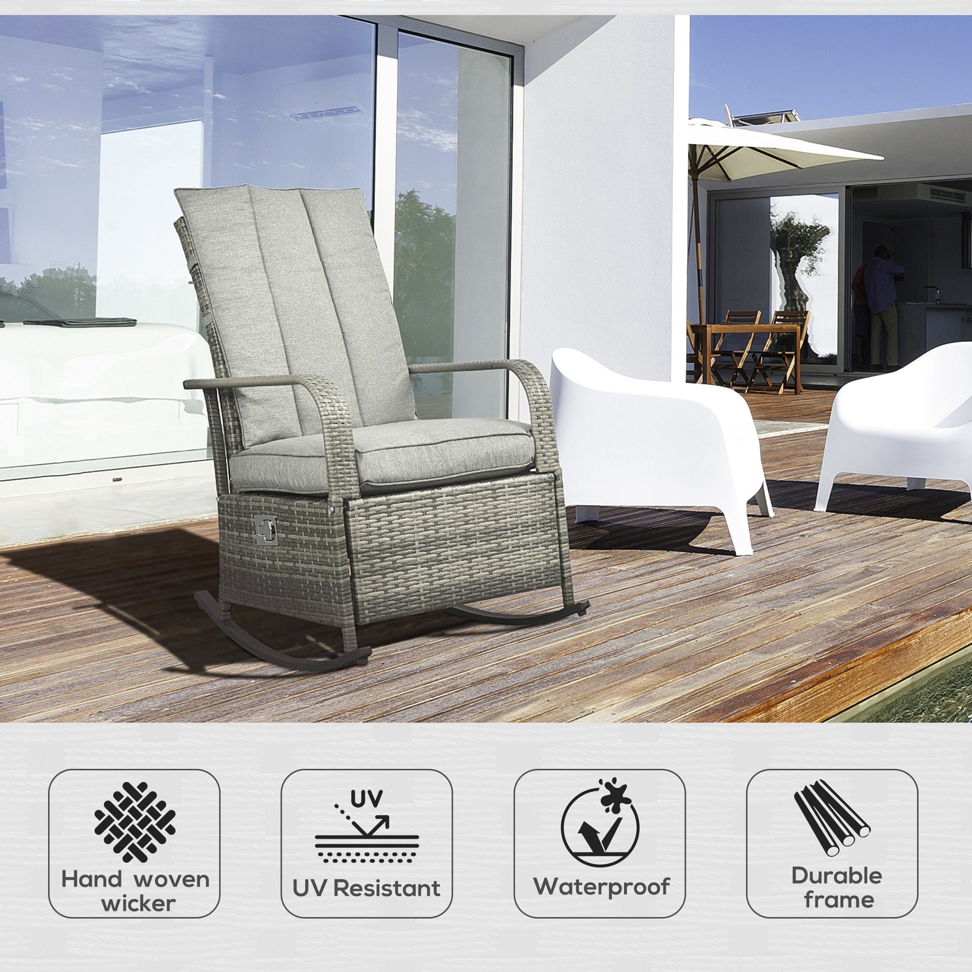 Outsunny Outdoor Rattan Rocking Chair Patio Recliner With Soft Cushions, Adjustable Footrest, Max. 135 Degree Backrest, Pe Wicker, Gray Gray Wicker