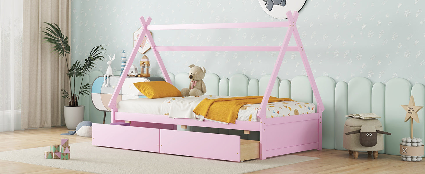 Twin Size House Platform Bed With Two Drawers,Headboard And Footboard, Pink Twin Pink Pine