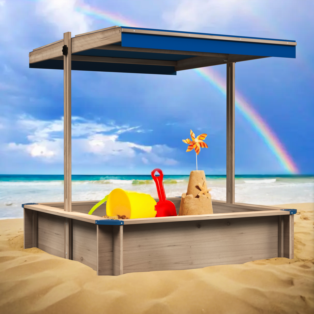 Children'S Wooden Sandbox With Adjustable Canopy, Sand Box With Cover For Garden, Sand Pit For Kids Wood Playset Beach Patio Outdoor Backyard Upgrade Retractable, Natural Golden Solid Wood