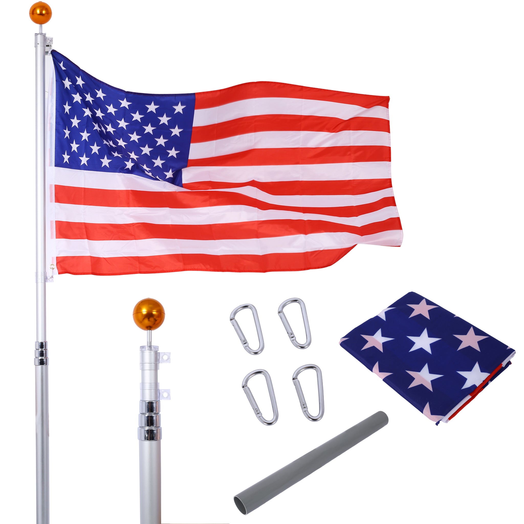 16Ft Telescopic Flag Pole Kit, Sectional Flag Pole Kit, Extra Thick Heavy Duty Aluminum Flagpole, Outdoor Inground Flag Poles With Topper Balls For Yard, Residential Or Commercial Silver Aluminium