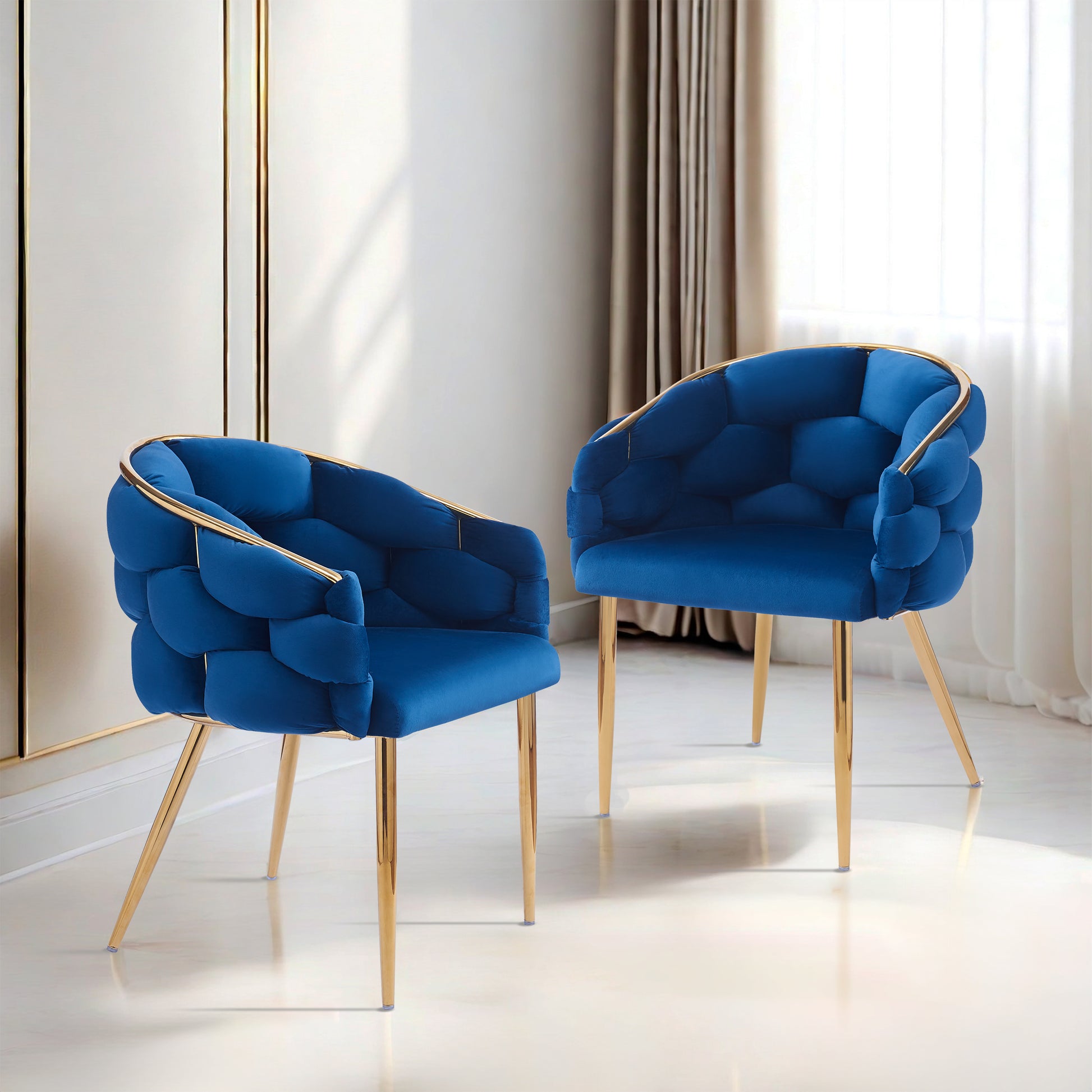 Set Of 2 Luxury Handmade Accent Chair With Gold Legs, Modern Velvet Armchair For Living Room And Bedroom Blue Foam Velvet