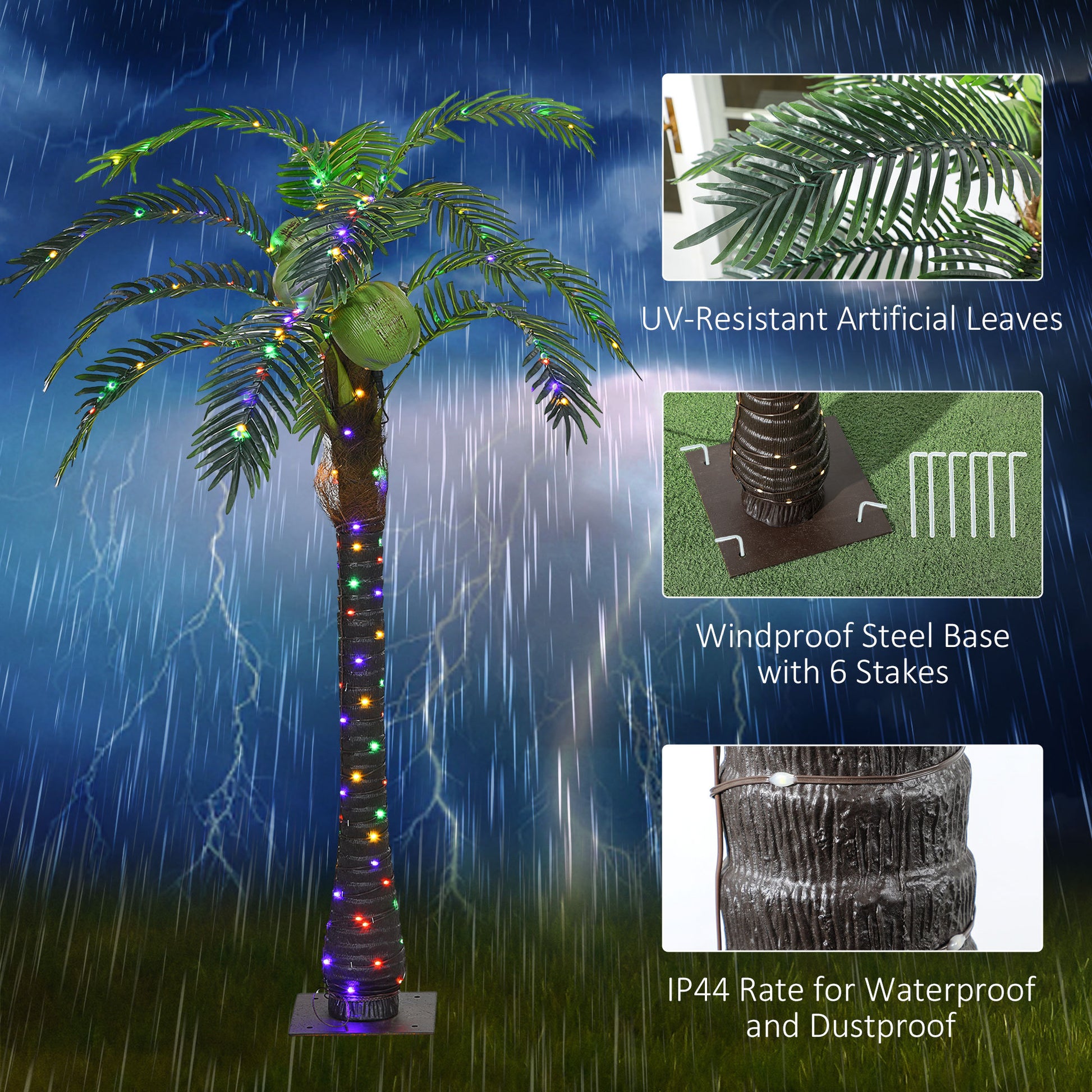 Outsunny 5' Artificial Lighted Palm Tree With 3 Coconuts, 200 Led Light, Color Changing Light Up Tropical Palm Tree With Remote For Indoor, Outdoor, Pool, Party D Cor Green Plastic