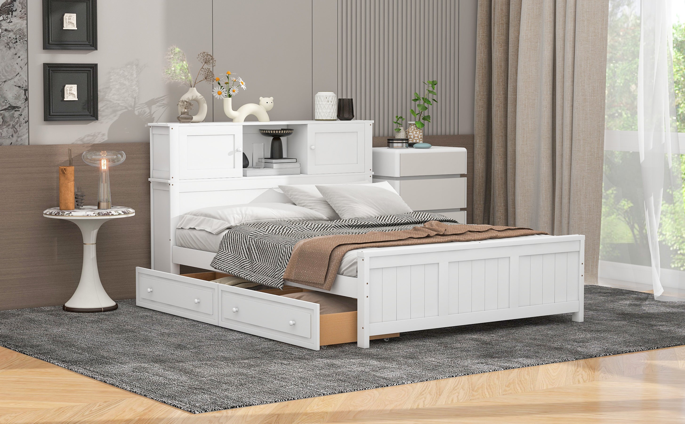 Full Size Platform Bed With Storage Headboard And Sliding Door,2 Drawe