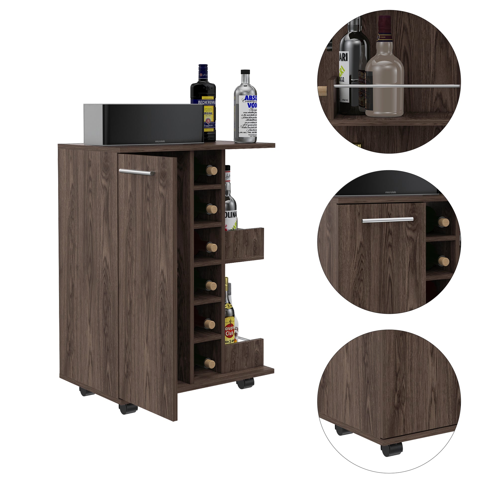 Bar Cart, Four Casters, Single Door Cabinet, Two External Shelves, Dark Walnut Brown Particle Board Particle Board