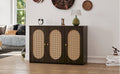 Retro 3 Door Sideboard With Large Storage Space Artificial Rattan Doors And Metal Handles, Accent Cabinet For Living Room And Hallway Brown Brown Particle Board Mdf