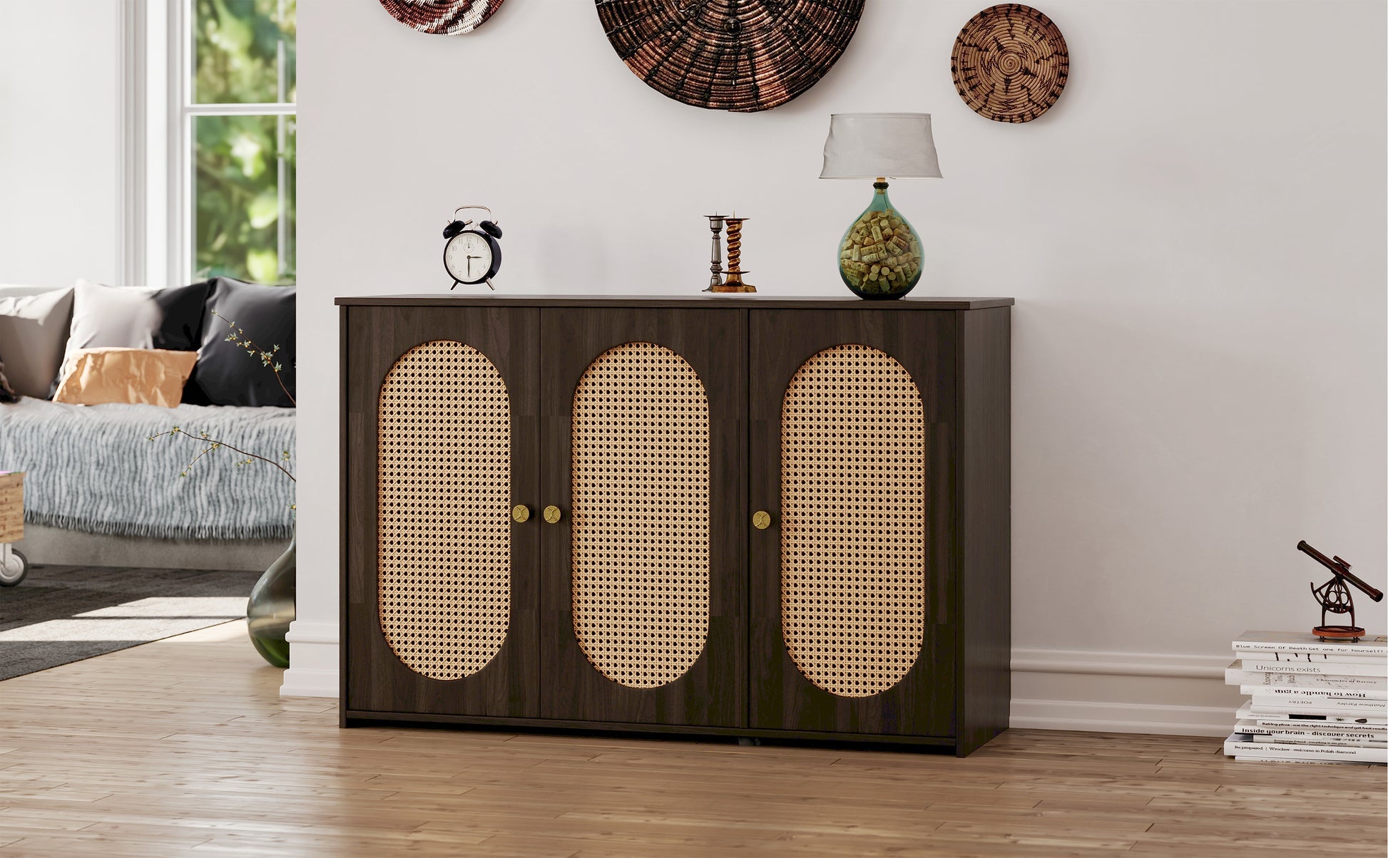 Retro 3 Door Sideboard With Large Storage Space Artificial Rattan Doors And Metal Handles, Accent Cabinet For Living Room And Hallway Brown Brown Particle Board Mdf