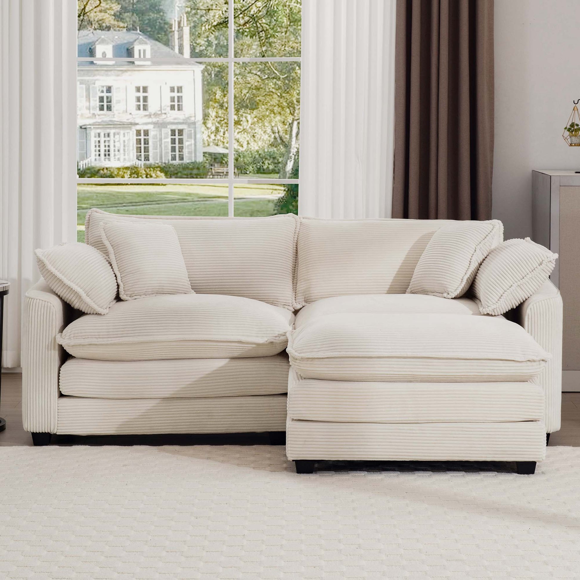 Corduroy Two Seater Sofa With 1 Footrest, L Shaped 2 Seater Sofa With Ottoman For Small Living Spaces, Light Beige Corduroy Sofa Beige Corduroy 2 Seat