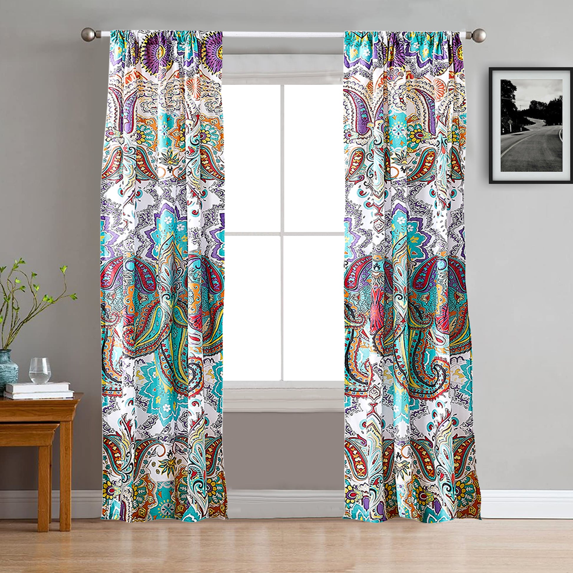 Vana 84 Inch Window Curtains, Decorative Paisley Print Design, Rod Pockets Multicolor Polyester