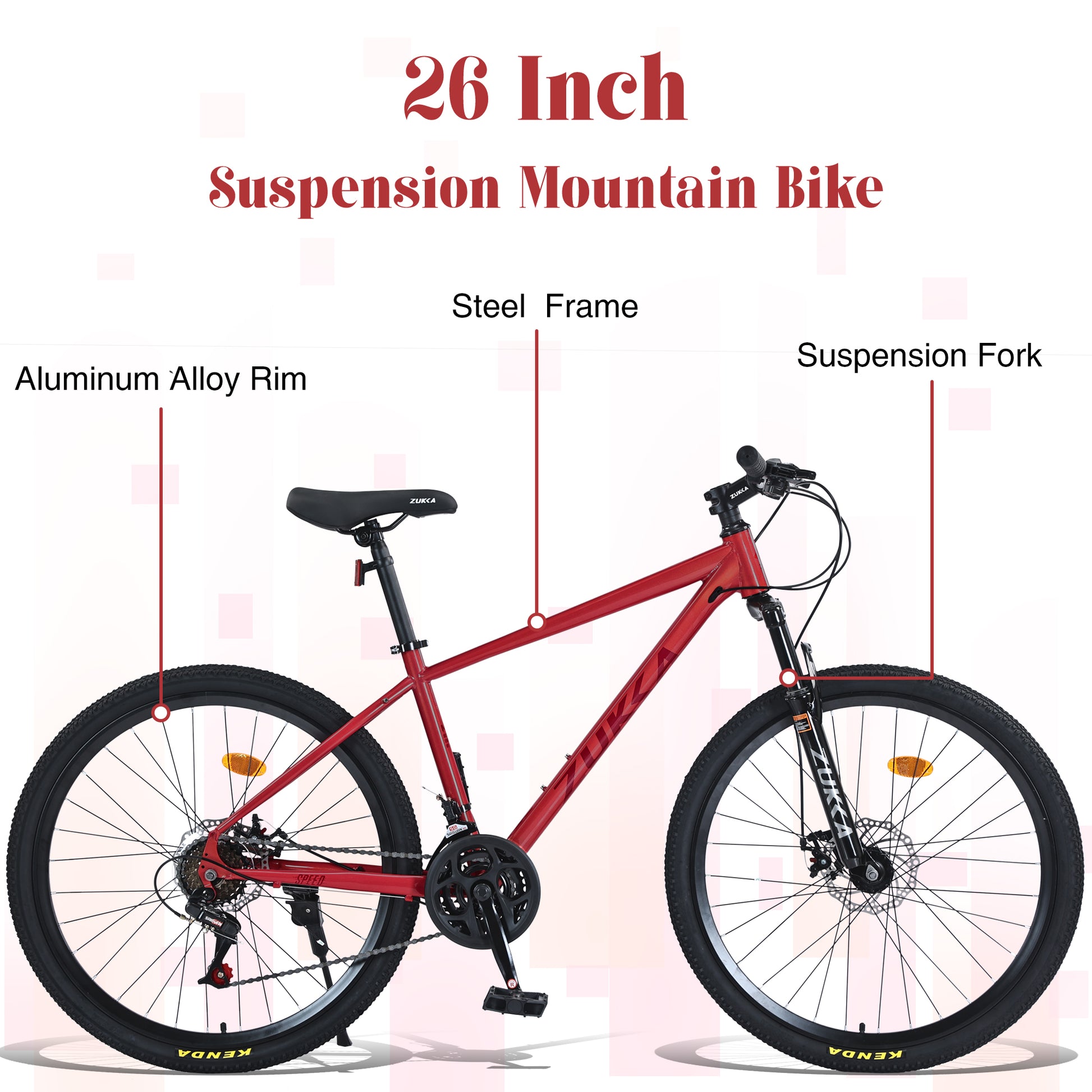 Mountain Bike For Men And Women 26 Inch 24 Speed Suspension Fork Kenda Tires Cycling Red Garden & Outdoor Steel