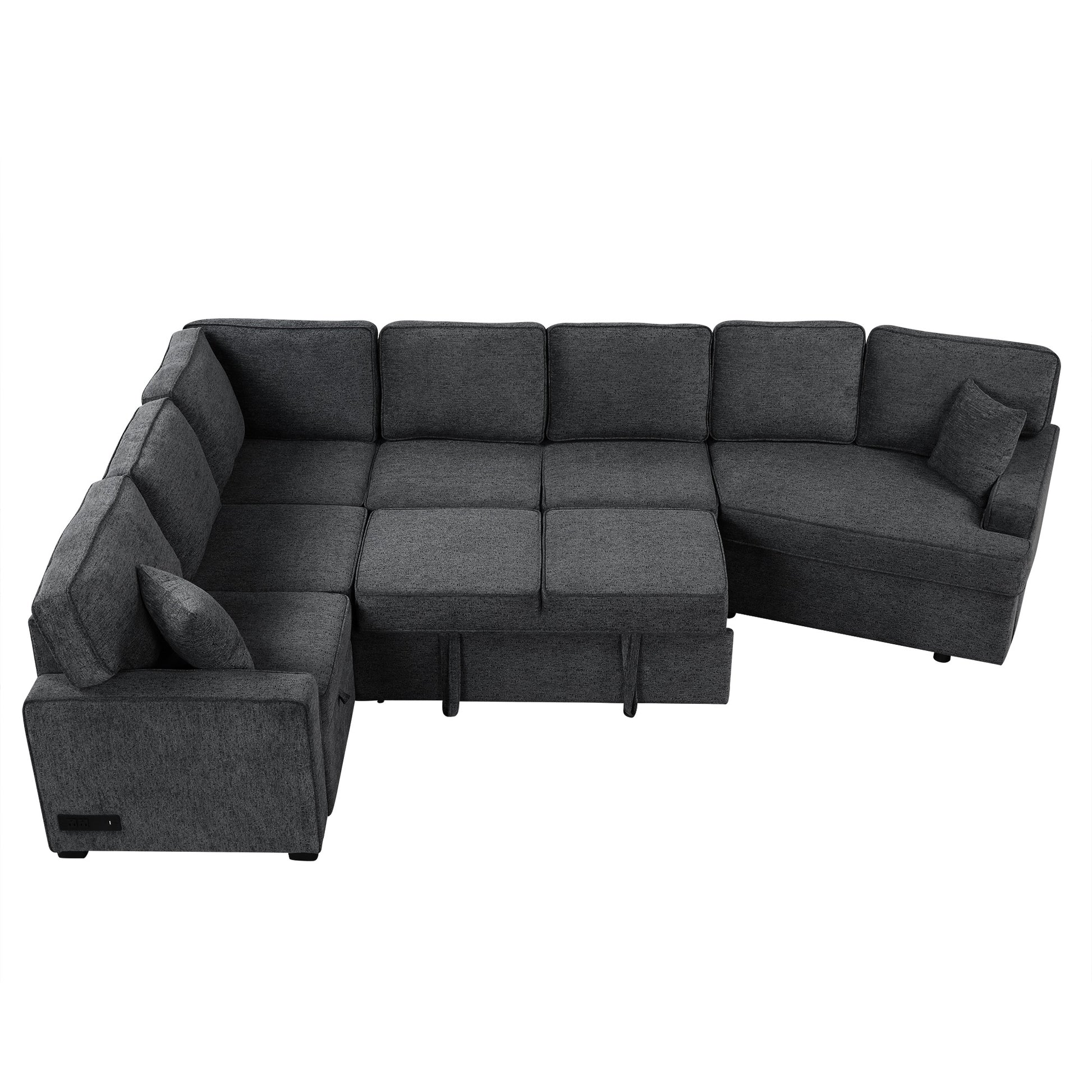 126" L Shaped Sofa Sectional Sofa Couch Pull Out Sofa Bed With Charging Devices And Cup Holders For Living Room, Blue Black Black Blue Foam Chenille 6 Seat