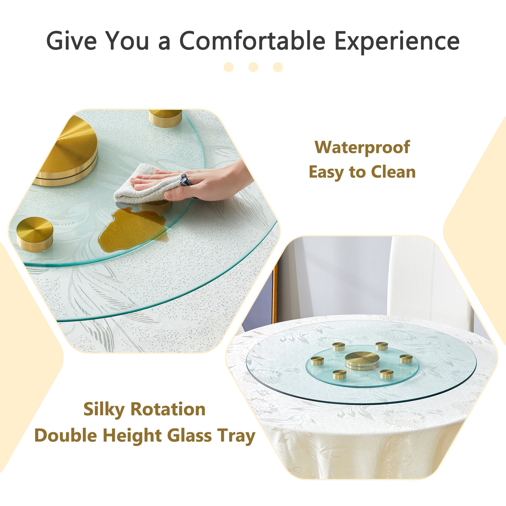 Double Layer Rotatable Round Glass.The Rotatable Design Makes It More Convenient To Retrieve And Place Items.The Upper Glass Has A Diameter Of 30.3 Inches, While The Lower Glass15 Inches.