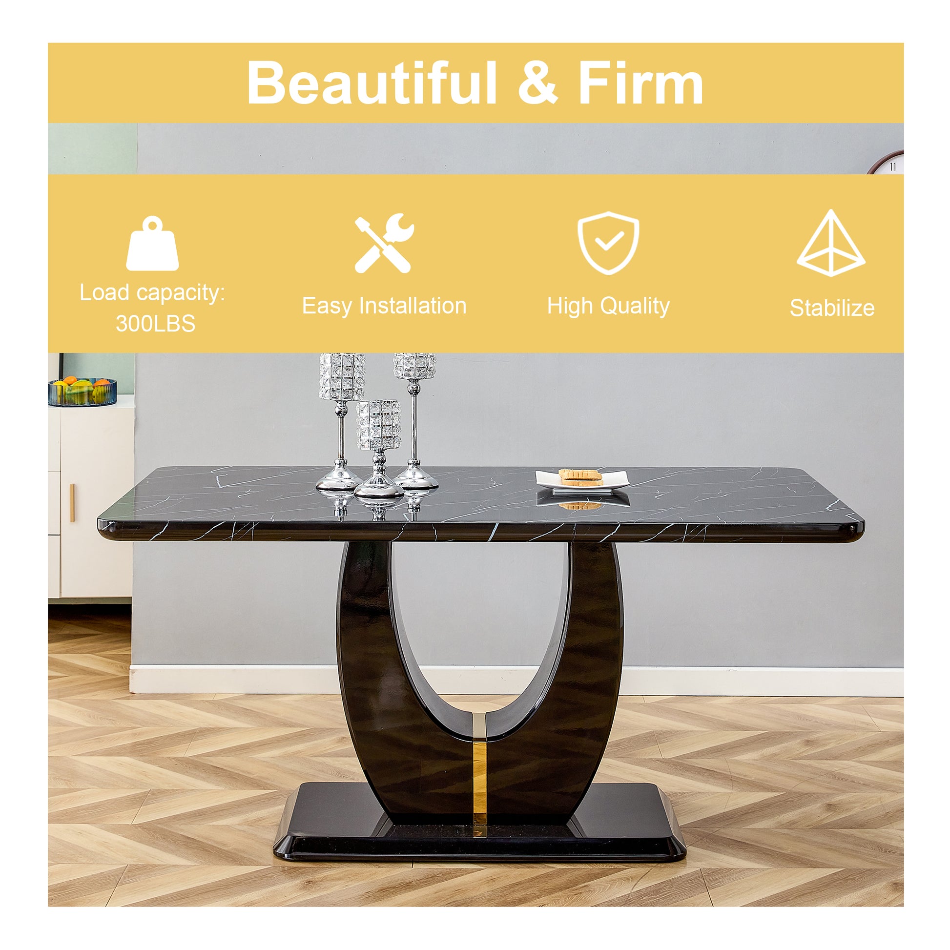 Table And Chair Set.63"W X 37"D X 30"H Black Marble Mdf Diningtable Set With 6 Black Pu Chairs With Gold Metal Legs.Bring A Comfortable Home Experience To The Kitchen, Bedroom, And Office.