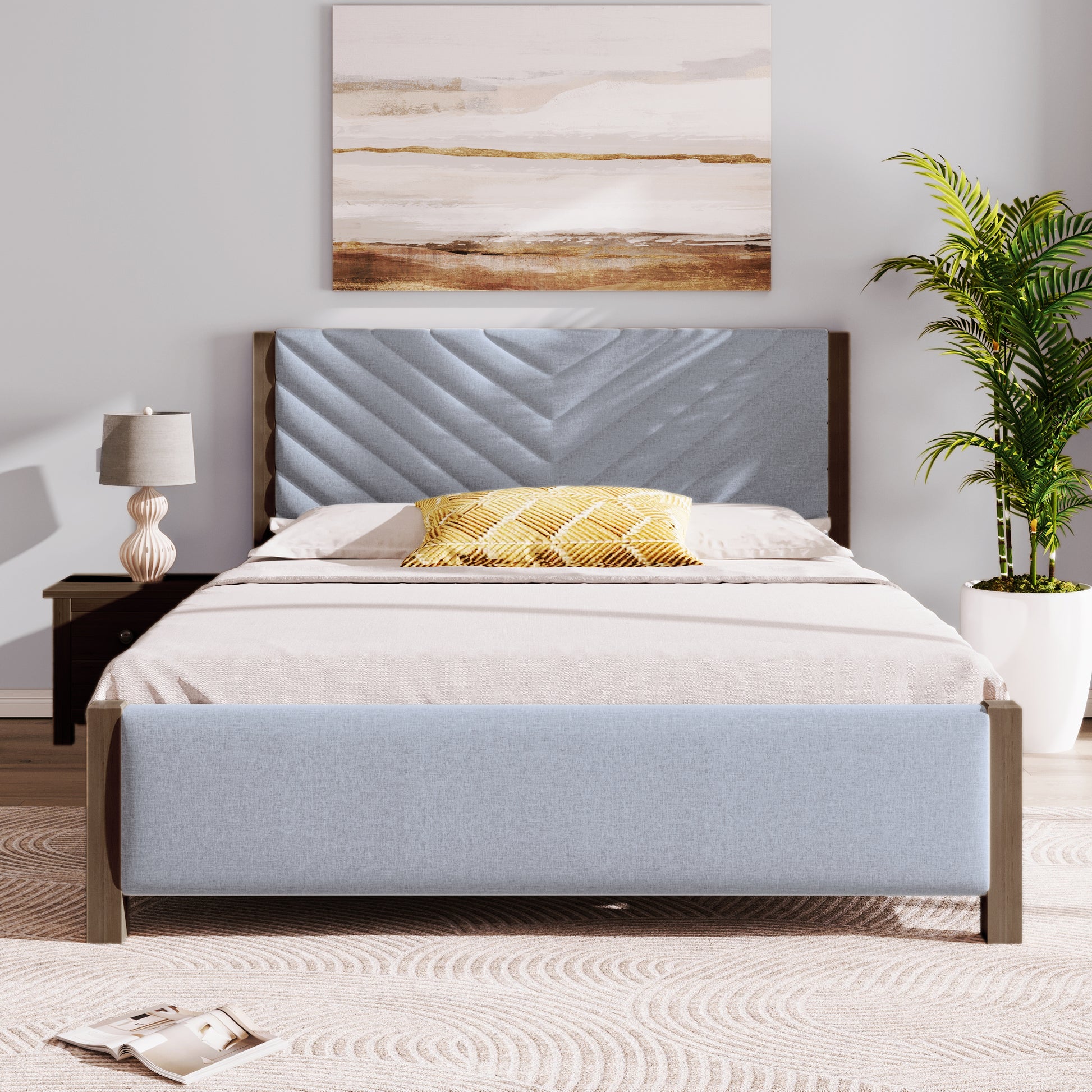 Modern Mid Century Queen Upholstered Platform Bed Frame With Tufted Headboard And Solid Wood Legs,No Box Spring Needed,Gray Box Spring Not Required Queen Gray Wood Bedroom Mid Century Modern,Modern Bed Frame Linen Wood