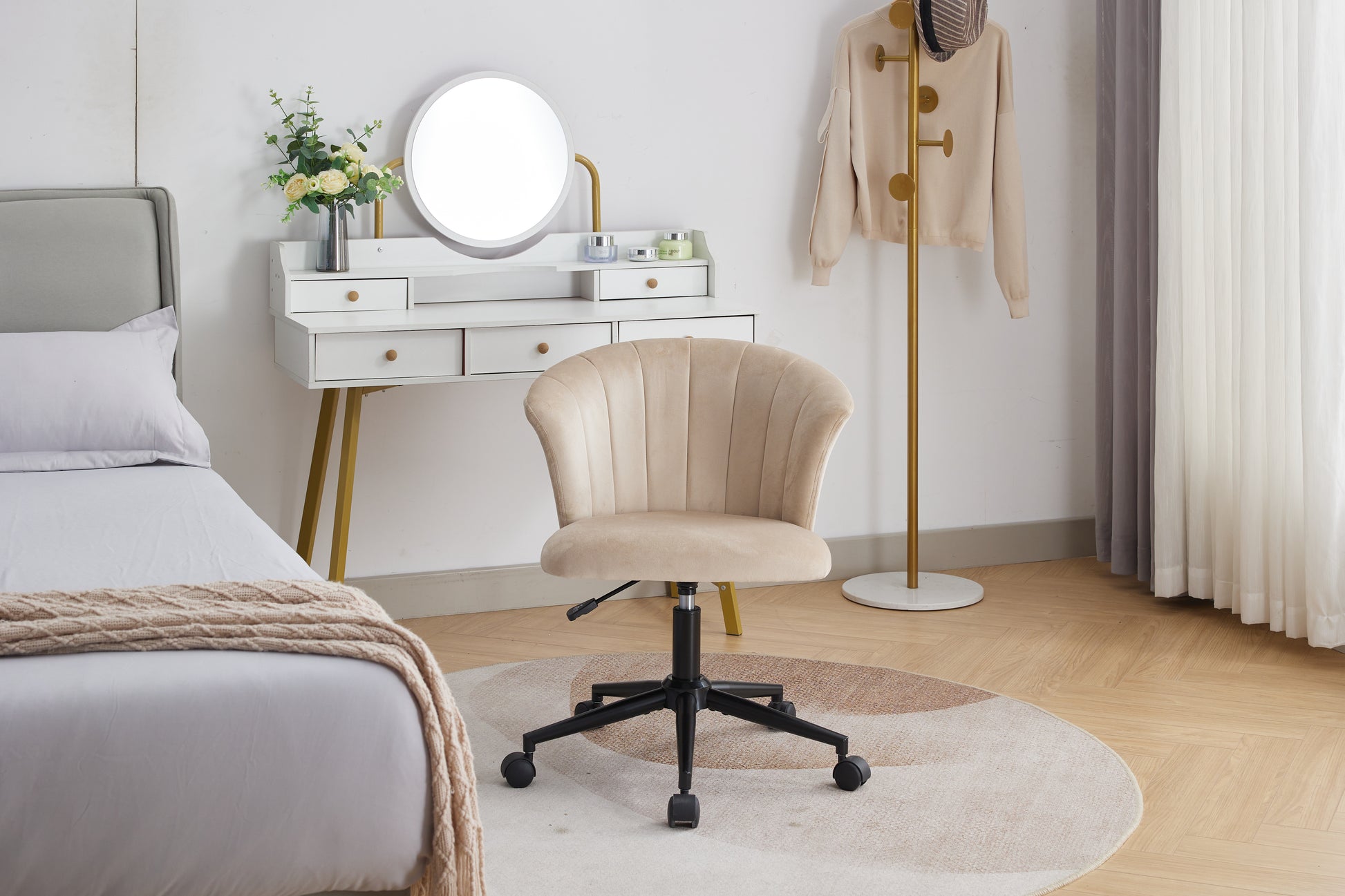 Home Office Chair, Velvet Fabric Swivel Flower Shape Computer Desk Chair For Home Office Or Bedroom Camel Foam Polyester Blend