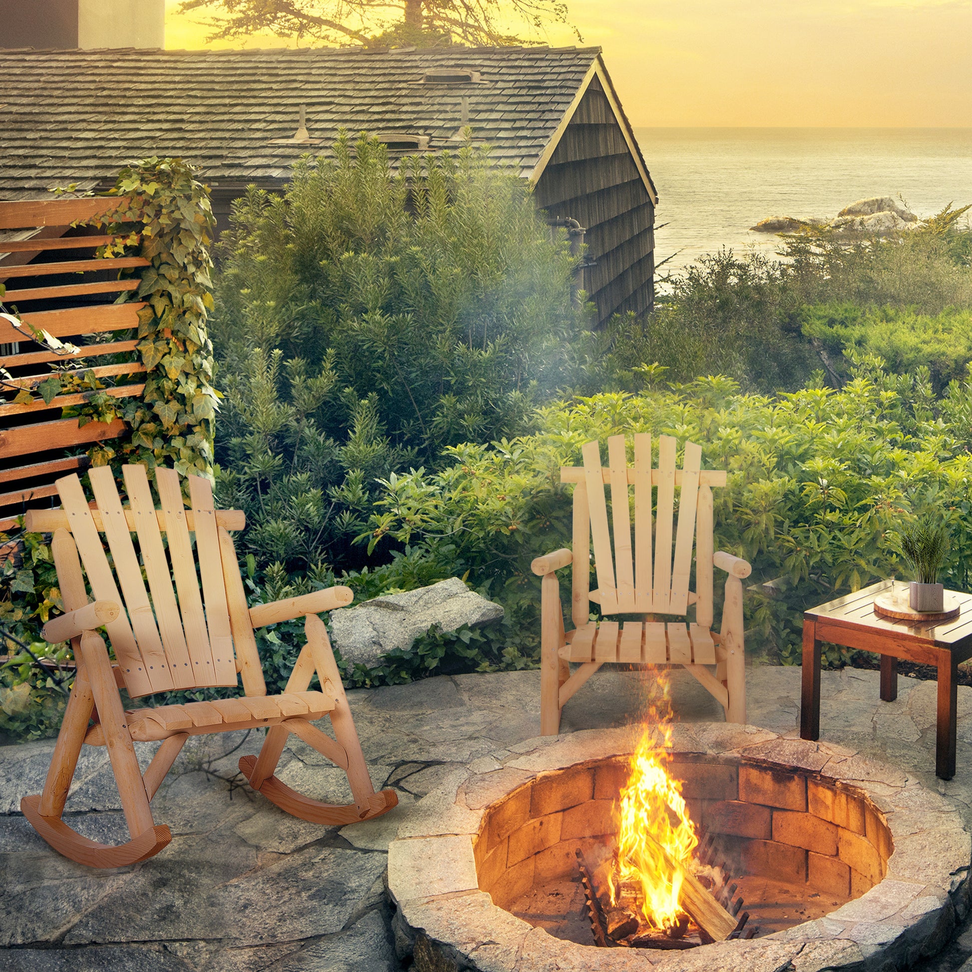 Outsunny Outdoor Wooden Rocking Chair, Single Person Rustic Adirondack Rocker With Slatted Seat, High Backrest, Armrests For Patio, Garden And Porch, Natural Natural Wood Wood